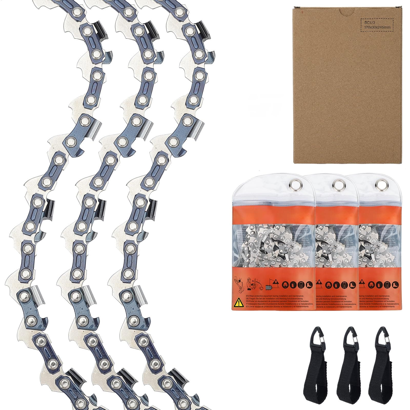 3-Pack Chainsaw Chain for 10 Inch (25cm) Bar, 40 Drive Links, 3/8" LP .050" Gauge, Low-Kickback Compatible for Bosch, Black & Decker, Makita, Worx and More