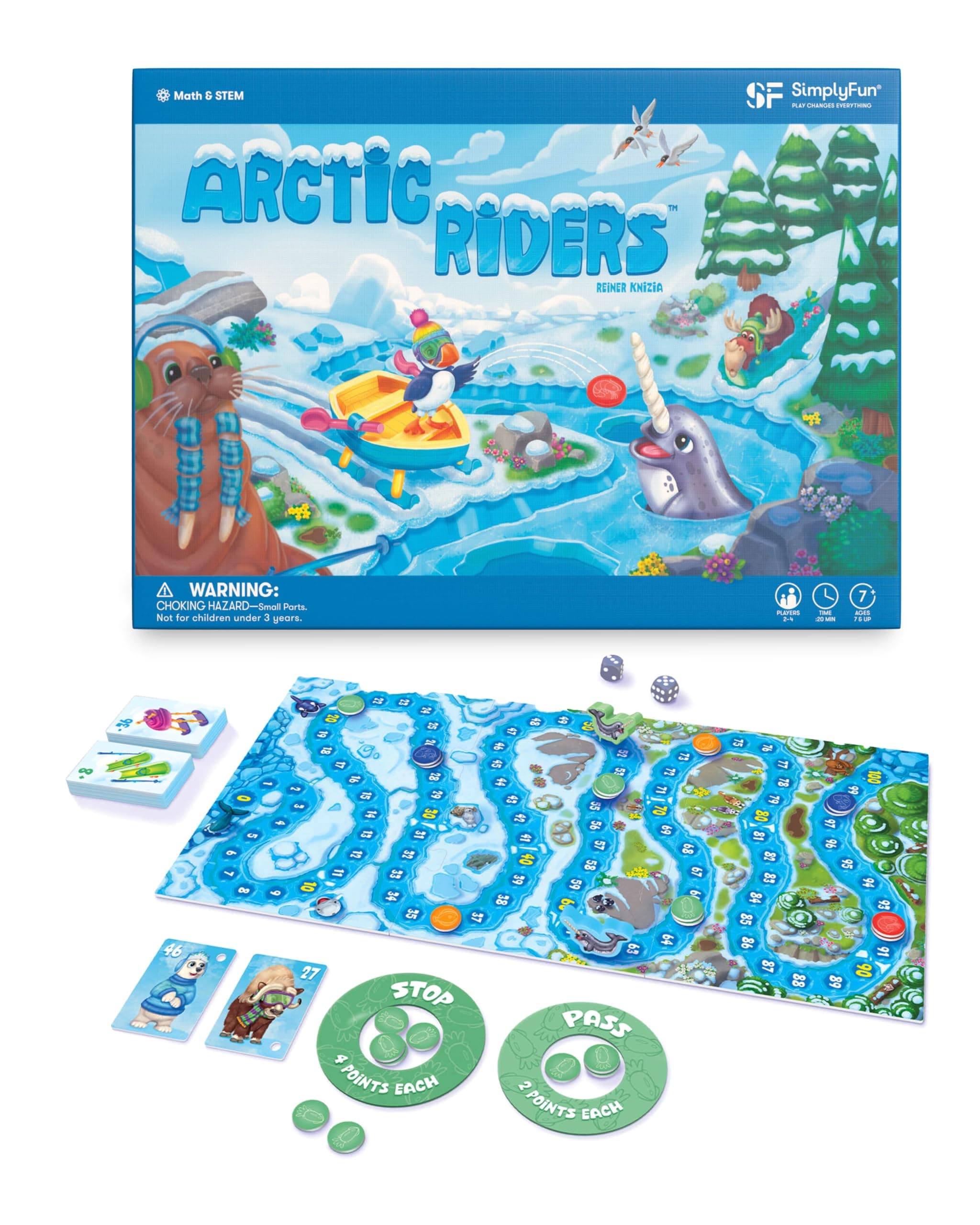 SimplyFun Arctic Riders - Educational & Fun Math Games for Kids - Practice Upper Level Addition & Subtraction Skills for Kids 7 & Up - 2 to 4 Players