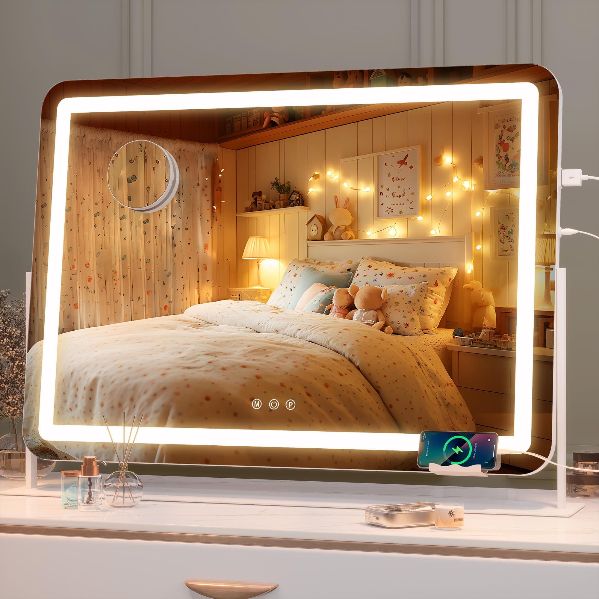 Hasipu Extra Large LED Vanity Mirror 30"x21" - Light up Makeup Mirror with 10X Magnification, Phone Holder, USB Charging & Smart Touch 3-Color Lighting (White)
