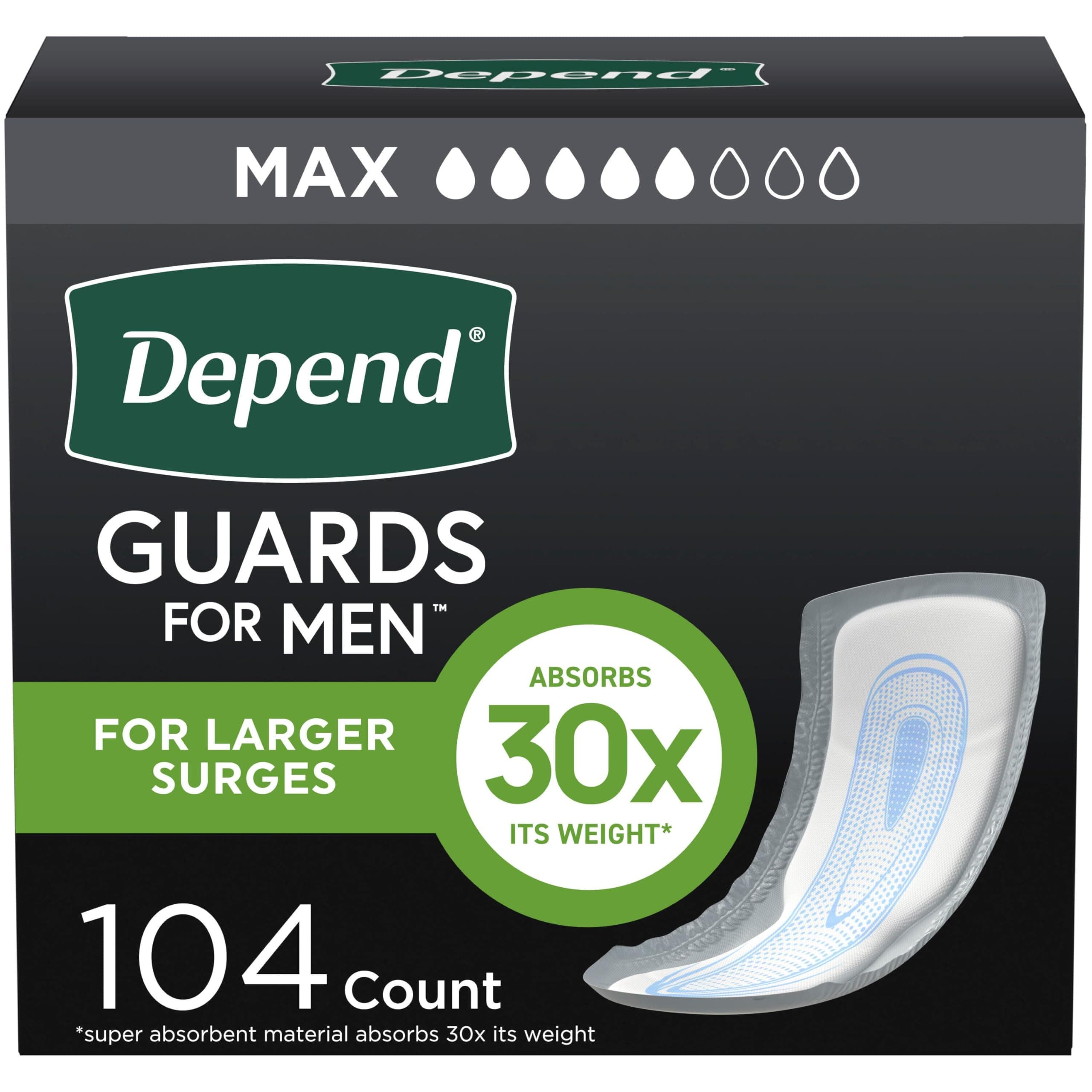 Depend Guards Incontinence Pads for Men, Maximum Absorbency, 104 Count (2 Packs of 52), Packaging May Vary