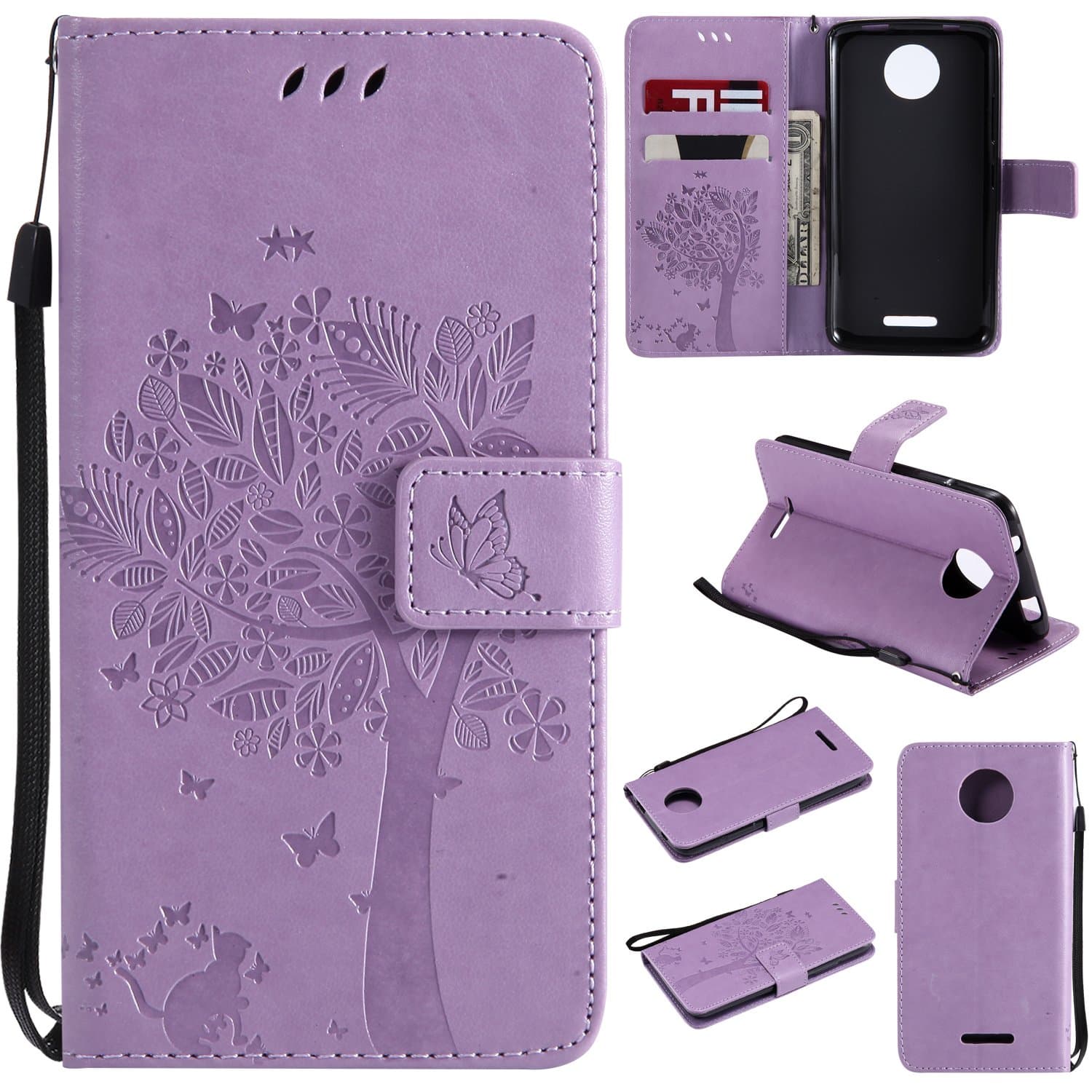 WindTeco Moto C Case, Bookstyle Embossed Tree Cat Butterfly PU Leather Case Wallet Flip Cover Magnetic Closure with Card Slots & Stand Function Protective Case for Motorola Moto C