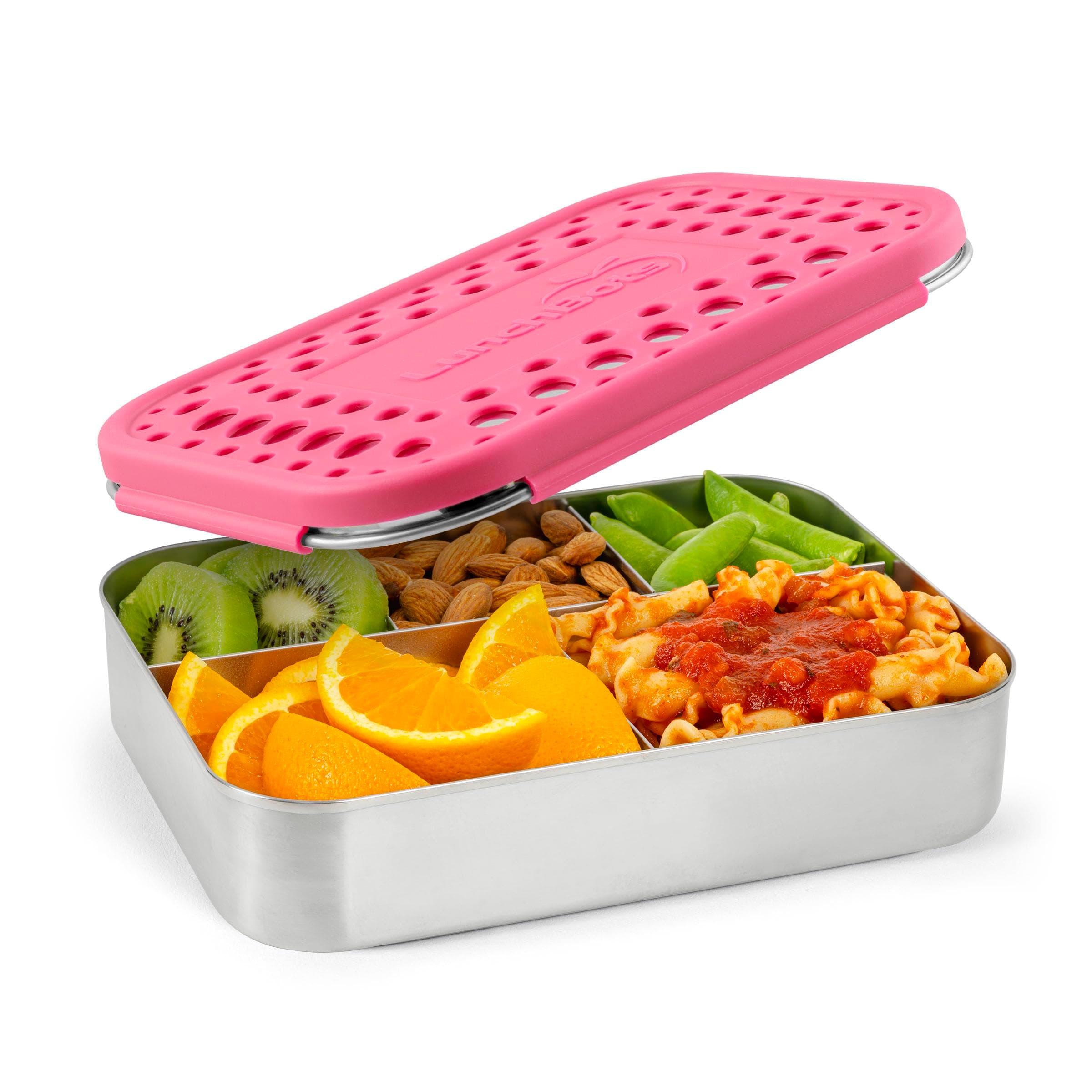 LunchBots Large Cinco Stainless Steel Lunch Container - Five Section Design Holds a Variety of Foods - Metal Bento Box - Dishwasher Safe - Stainless Lid -Pinka Dots