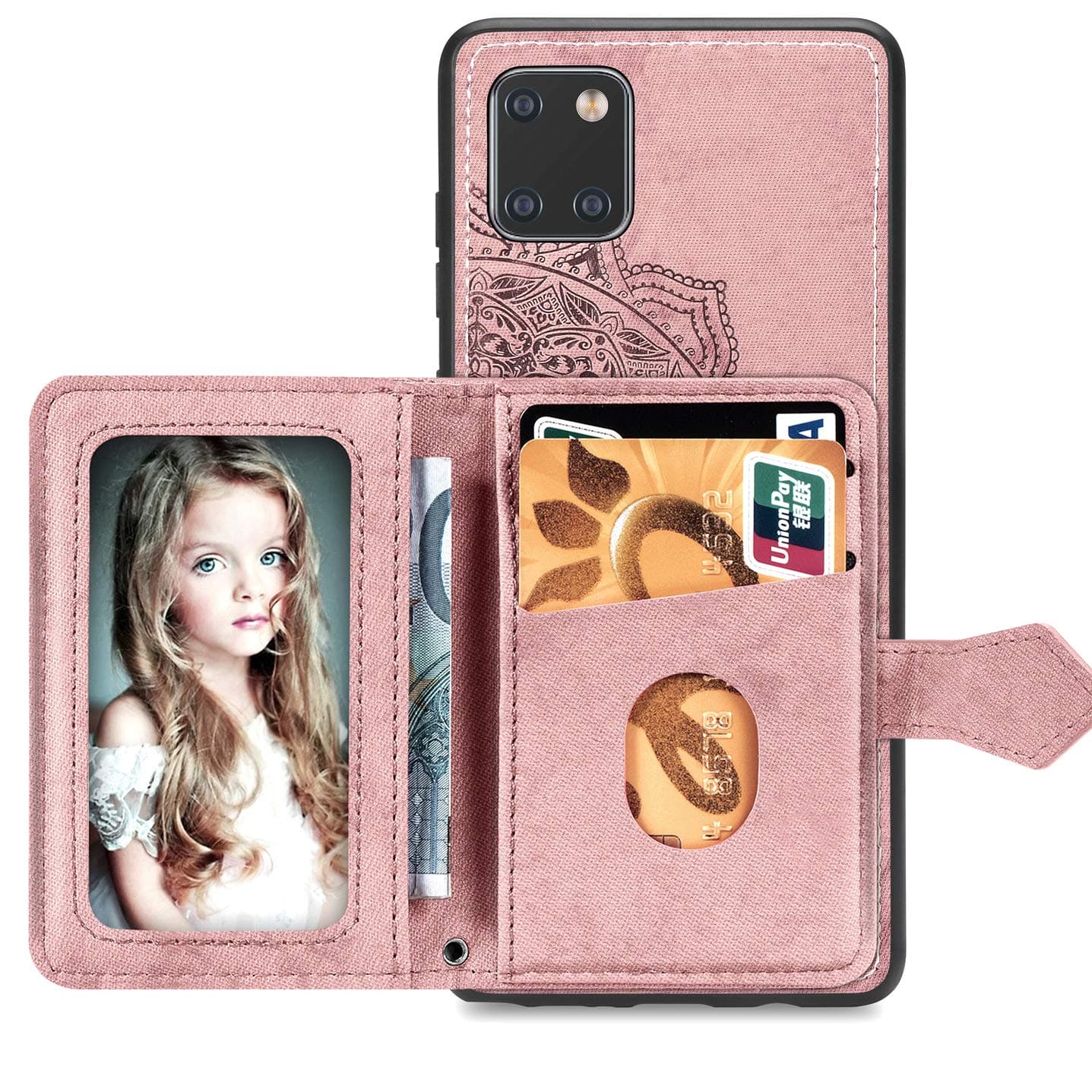 Samsung Galaxy Note 10 Lite (2020) Wallet Case,Galaxy A81 Mandala Flower Cloth Pattern w/Lanyard & Money Organizer Phone Case ID Card Holder Cover for Samsung Galaxy Note 10 Lite/M60S Rose Gold-BW