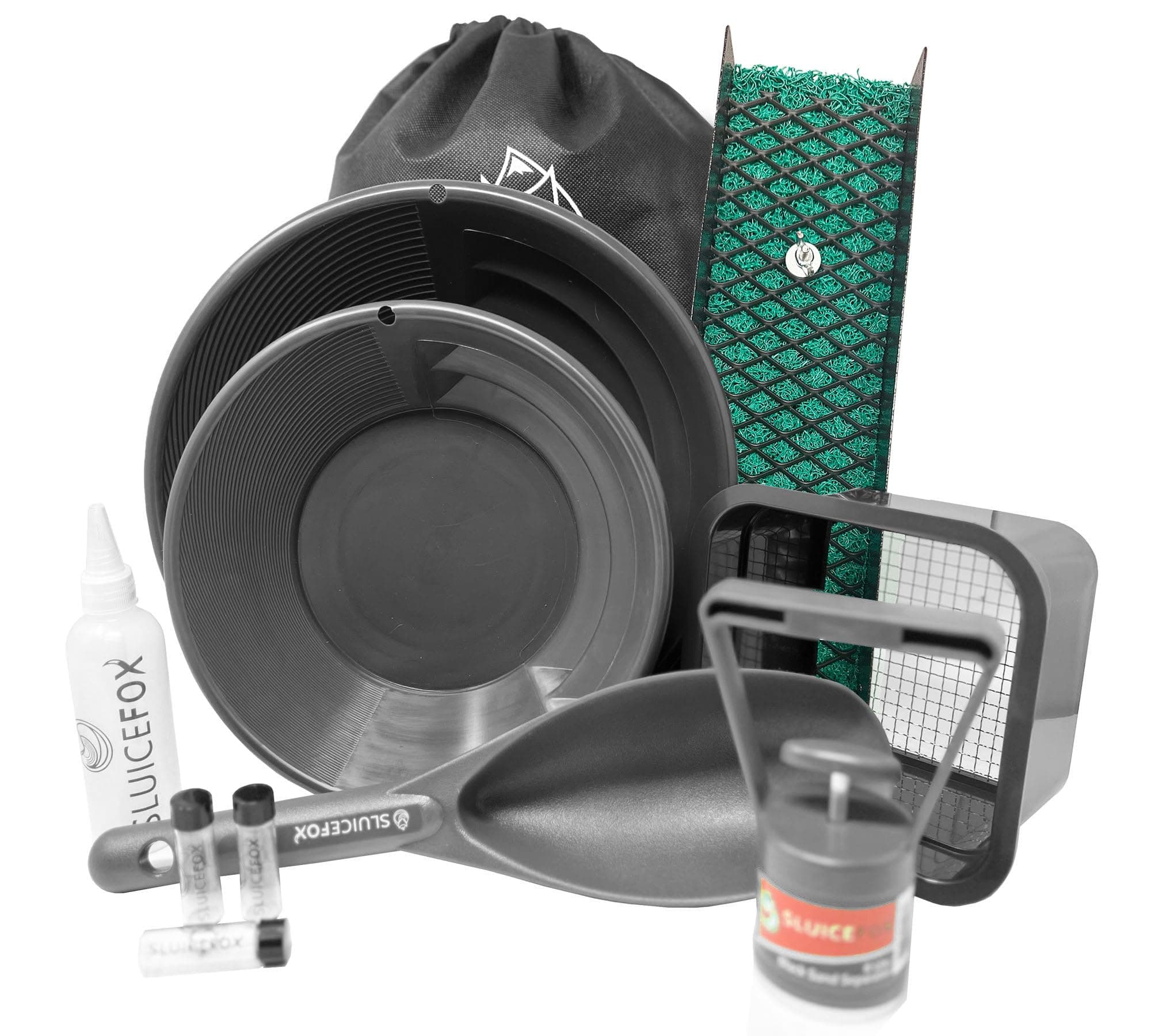 Compact Gold Prospecting Kit with 12" Pocket Sluice Box – Includes Miner’s Moss, Gold Trap Mat, Classifier Pan, Vials, and Tote Backpack