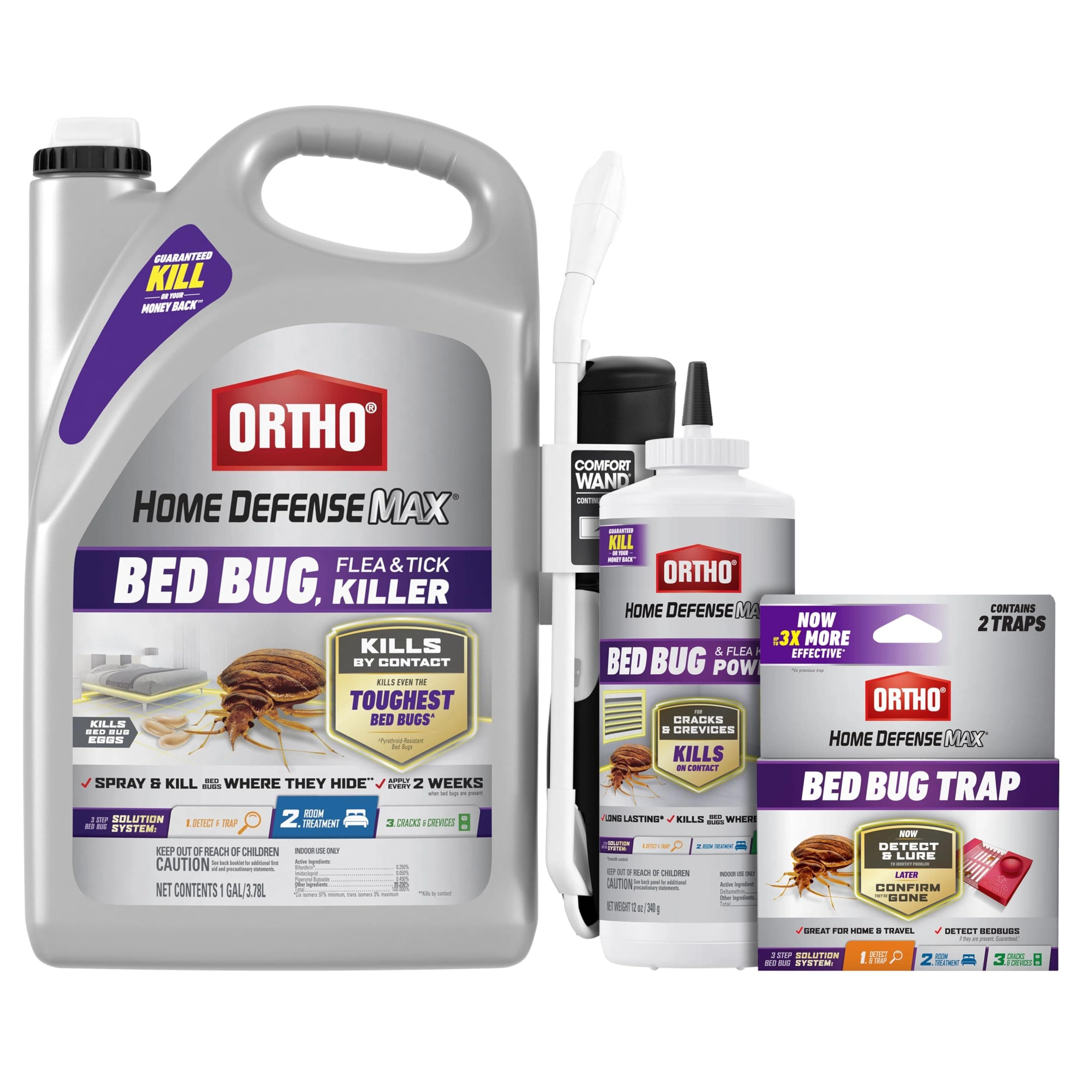 Home Defense Max Three Step Bed Bug Control Bunde with Bed Bug Trap, 1 Gal Bed Bug Flea & Ticker Killer Wand, and Bed Bug & Flea Killer Powder