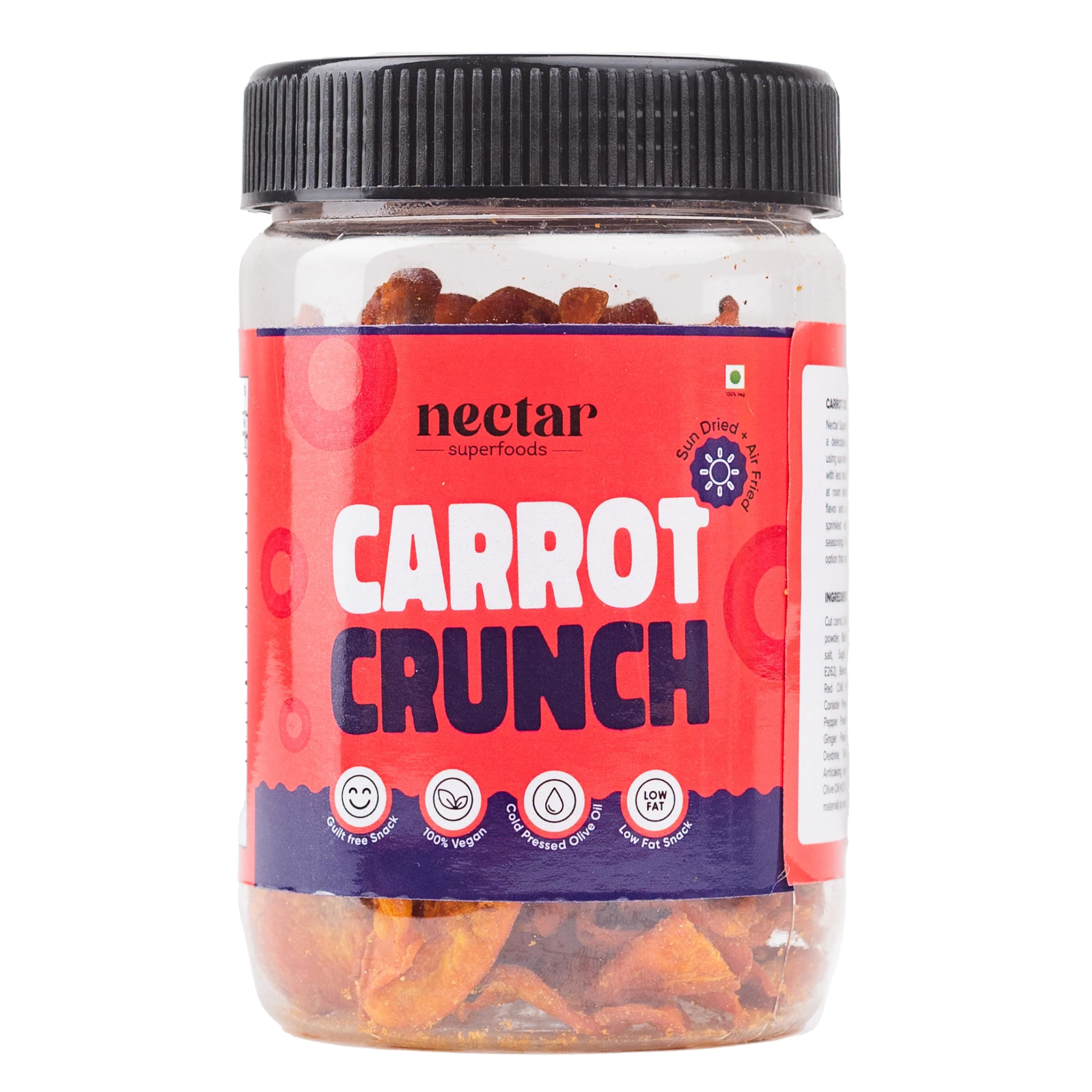 Nectar Superfoods Sun Dried Vegetable Chips | Low Temperature Cooked Olive Oil Sprinkled | 40 gram Jar (CARROT CRUNCH)