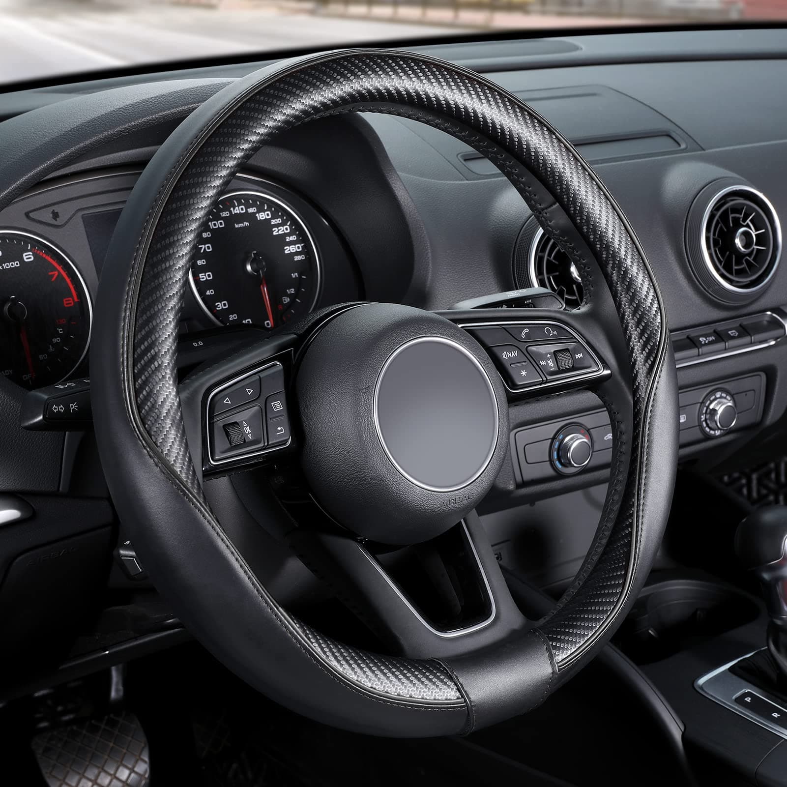 SEG Direct Car Steering Wheel Cover Universal Standard-Size 37-39cm Leather with Carbon Fiber Pattern Black