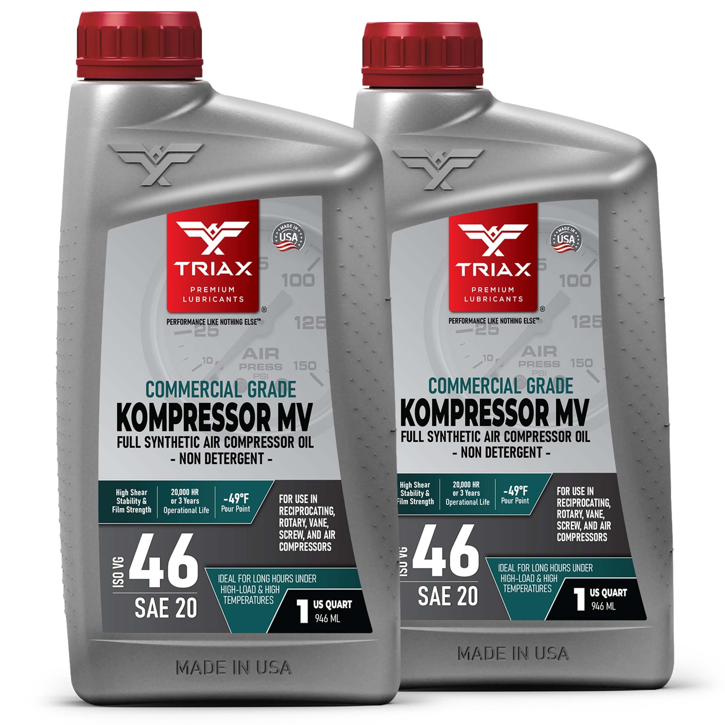 TRIAX Kompressor ISO 46 SAE 20, Full Synthetic, Multi-Vis Air Compressor Oil | for Rotary, Vane, Screw, and Reciprocal | Commercial Grade | High Temp | Non-Detergent (2 Quart Pack)