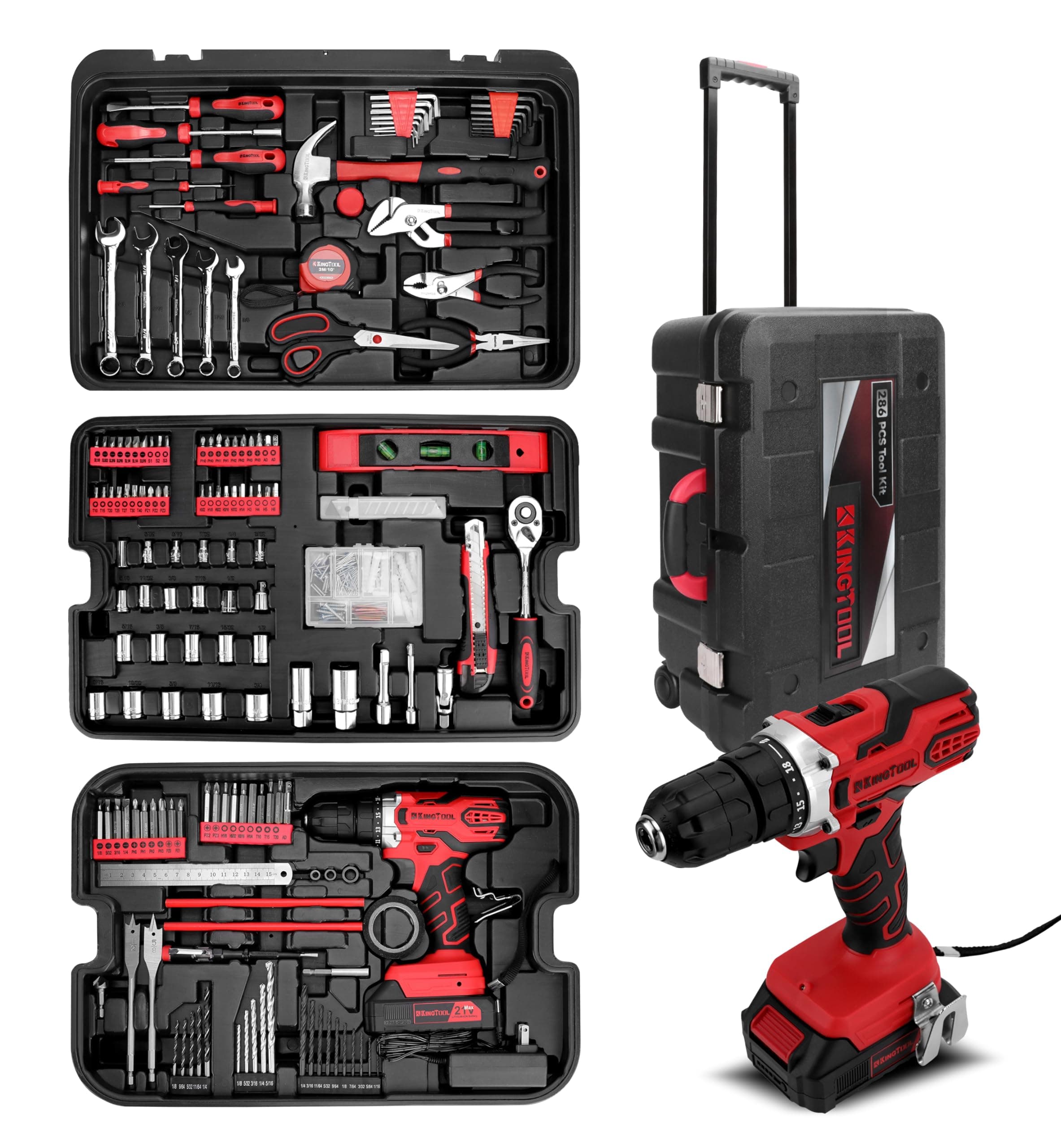 Home Tool Set Kit - 286 PCS Home Auto Repair Tool Kit with Rolling Tool Box, Mechanic Tool Sets with 21V Max Cordless Power drill, Perfect for Homeowner, Diyer, Handyman