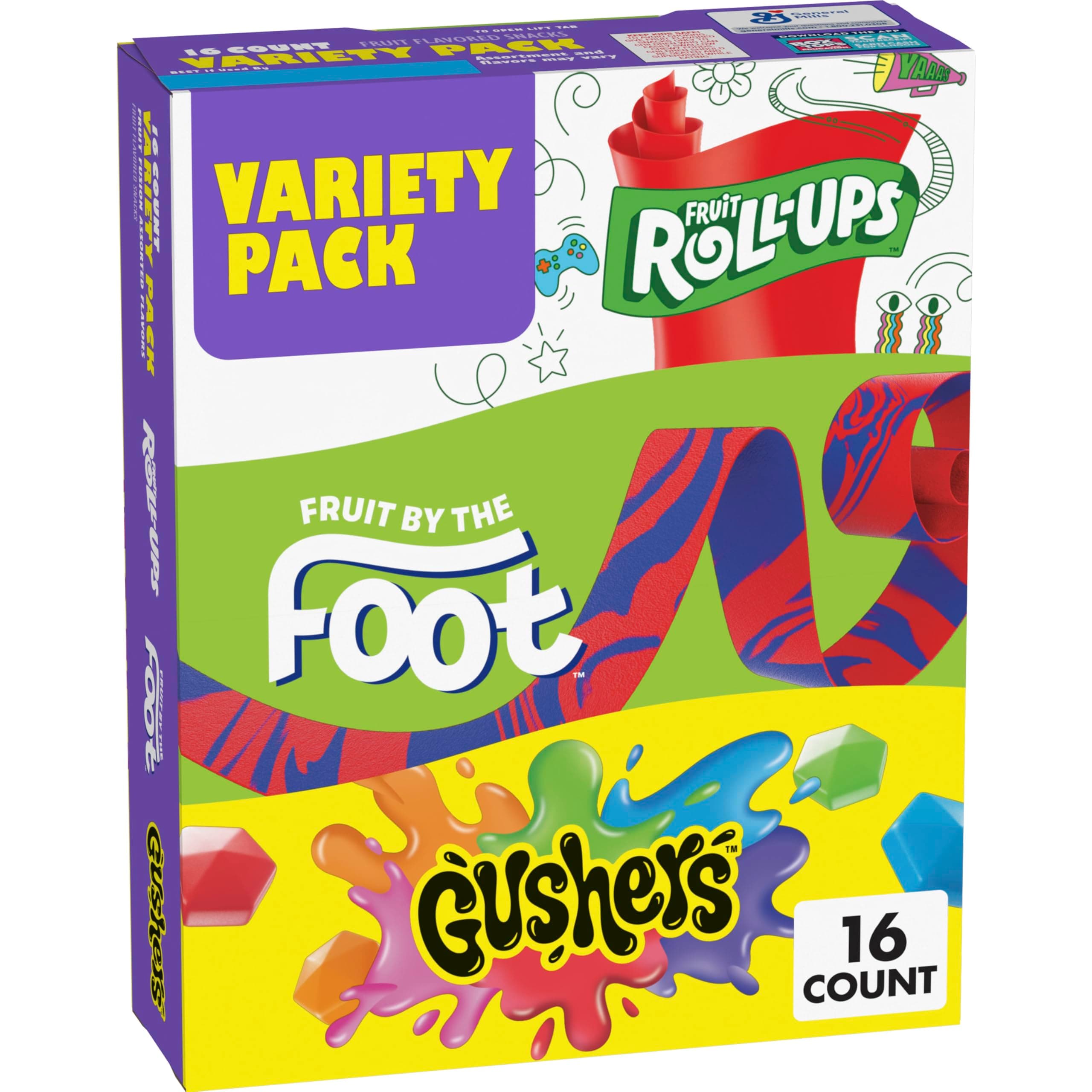 Fruit Roll-Ups, Fruit by the Foot and Gushers Fruit Flavored Snacks Variety Pack, Gluten Free, 16 Pouches, 10.2 oz