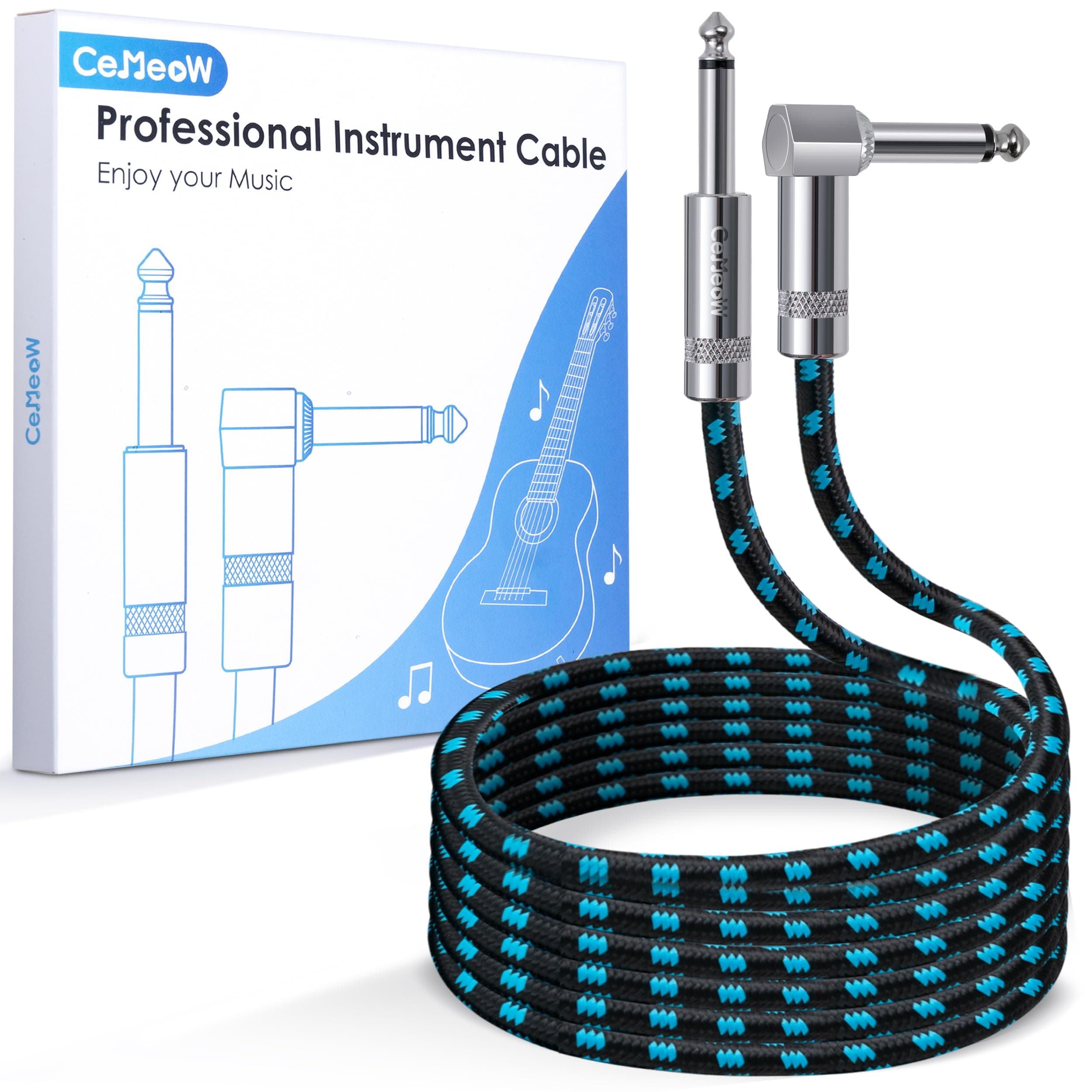 Guitar Cable 6ft Right Angle Guitar Amp Cord 1/4 Inch Instrument Cable with Braided Tweed and Anti-Kinking Design for Guitar Bass Amp, Black & Blue