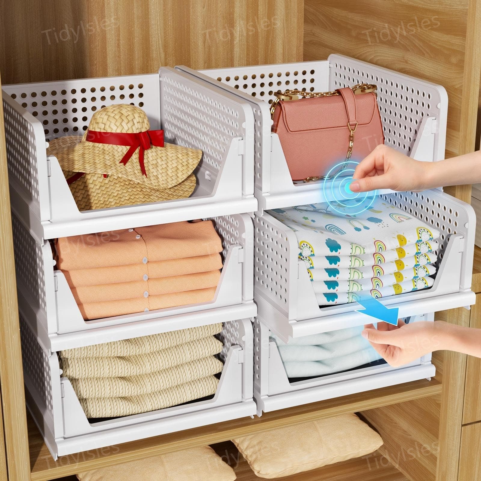 Wardrobe Storage Organiser, 4 Pack Folding Closet Organisers, Stackable Storage Boxes, Plastic Drawer Organiser Basket for Bedroom Kitchen Bathroom White