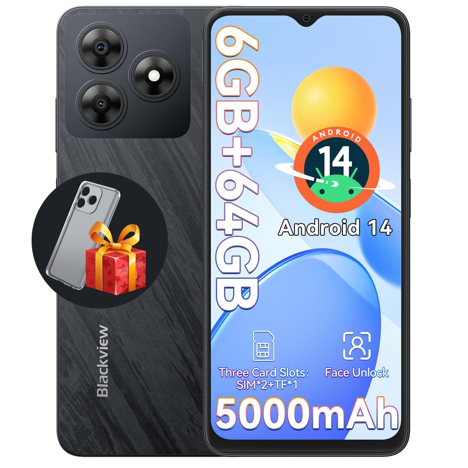 Blackview Wave 8C Unlocked Android Phones, Android 14 Unlocked Phones, Octa-Core 6GB+64GB/SD 2TB, 5000mAh Smart Phone, 6.56" HD, 2 Years Warranty, 3 Card Slots, 4G Dual T-Mobile, 3.5mm Headphone Jack