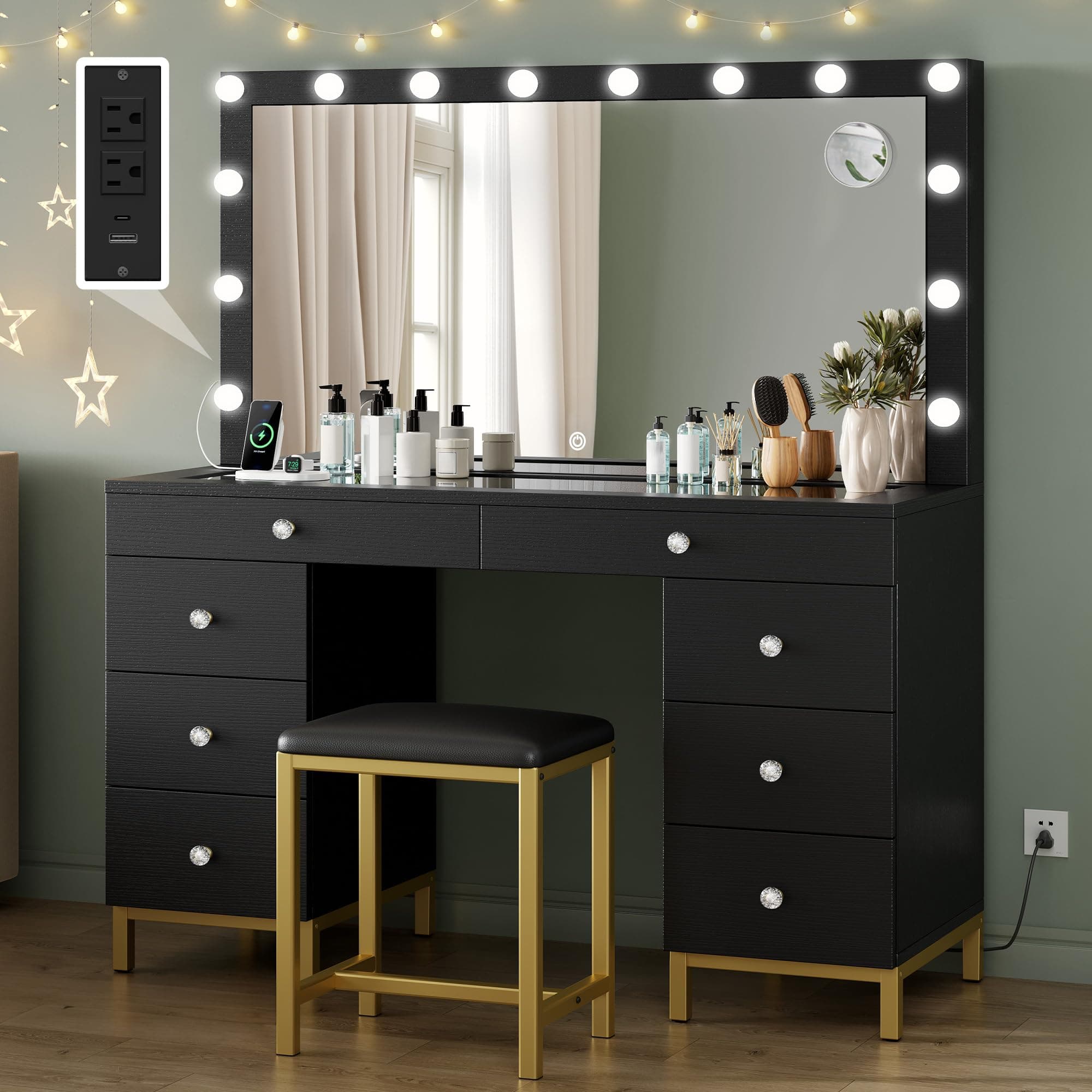 DWVO Vanity Desk with Mirror and Lights, Large Vanity Set with Power Outlet, Makeup Table with 8 Drawers, Dimmable 3 Lighting Colors, Makeup Desk for Bedroom and Dressing Room, Black