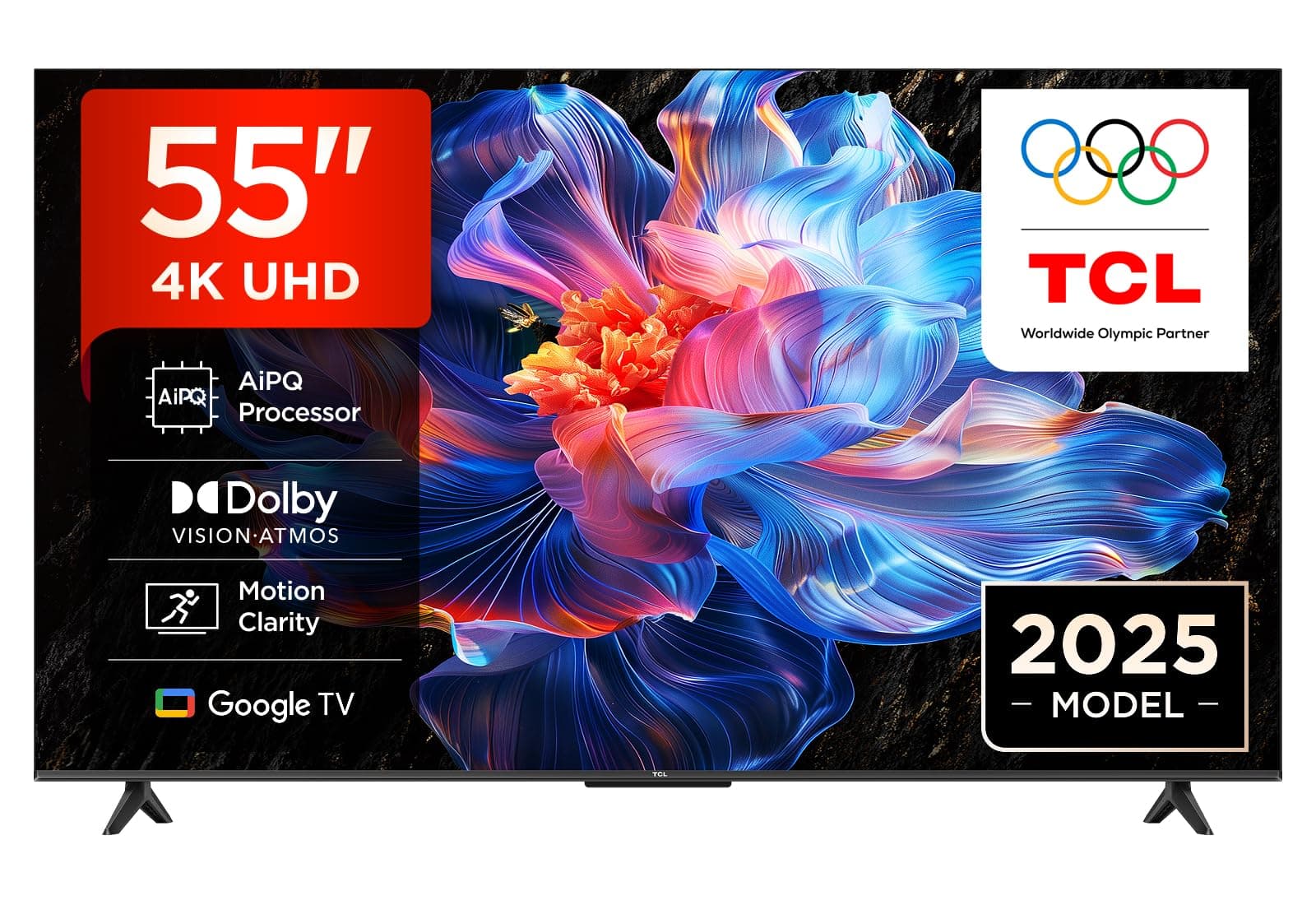 TCL 55V6C-UK 55" 4K Ultra HD, HDR TV, Smart TV Powered by Google TV (Dolby Audio, Voice Control, compatible with Google assistant, Chromecast built-in, 2025 New Model)