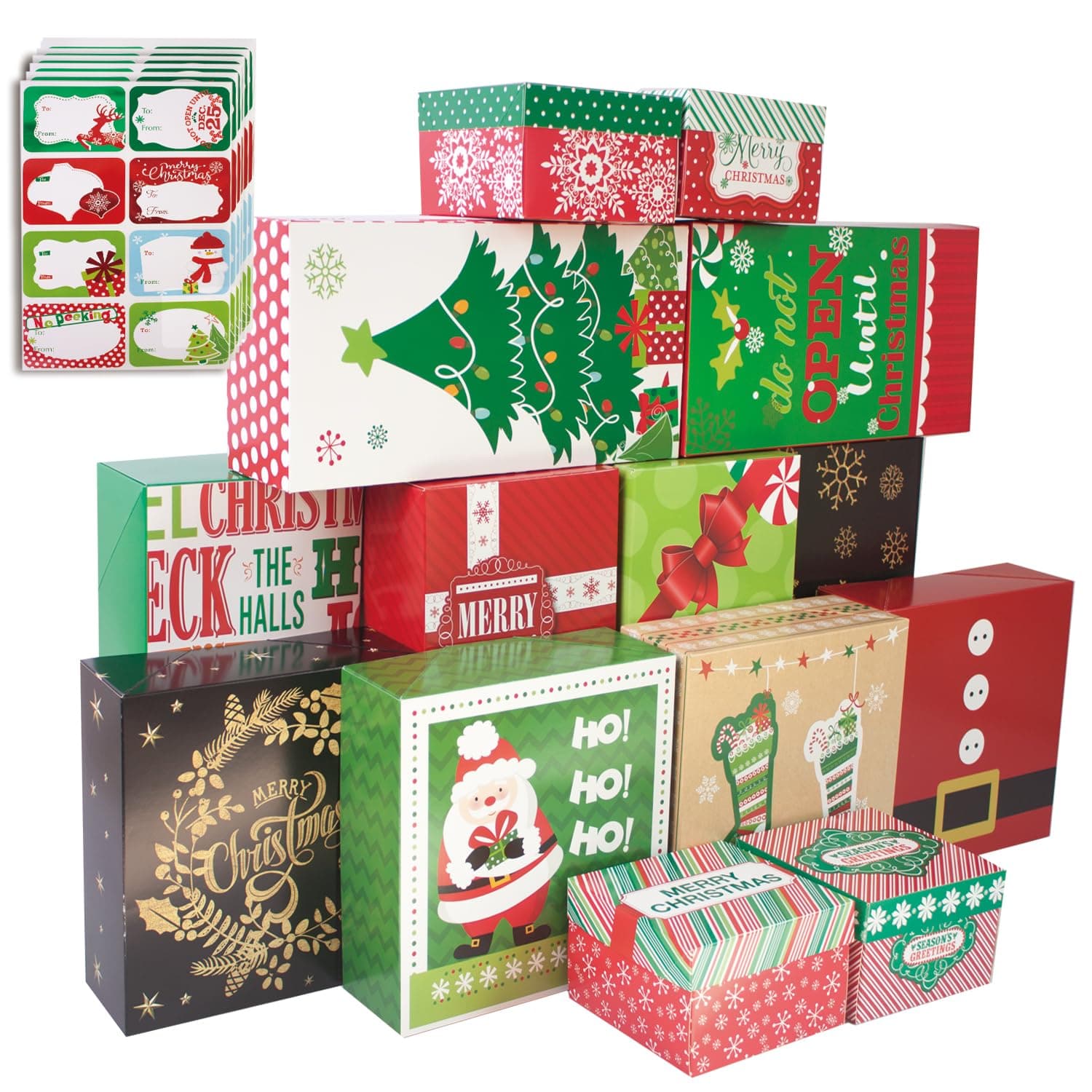 14 Decorative Christmas Gift Boxes with Lids and 80-Count Foil Christmas Gift Tag Stickers (Assorted size, 6 Rectangle, 4 Square, 4 Small Square)