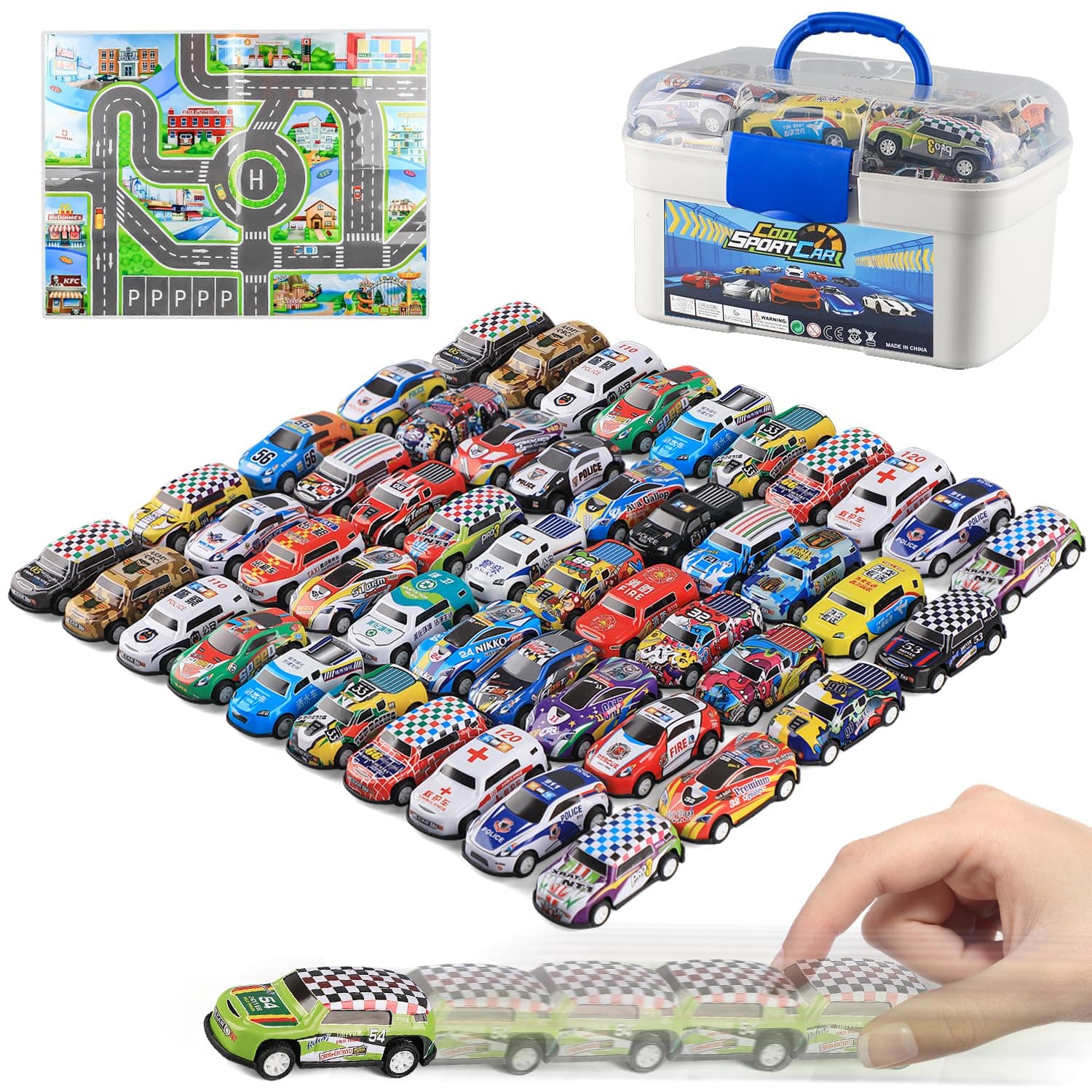 Mostop Pull Back Mini Car Set - 50 Piece Assorted Race Cars, Friction Powered, City Rescue Toys for Toddlers 3 4 5 6 Years Boys Girls