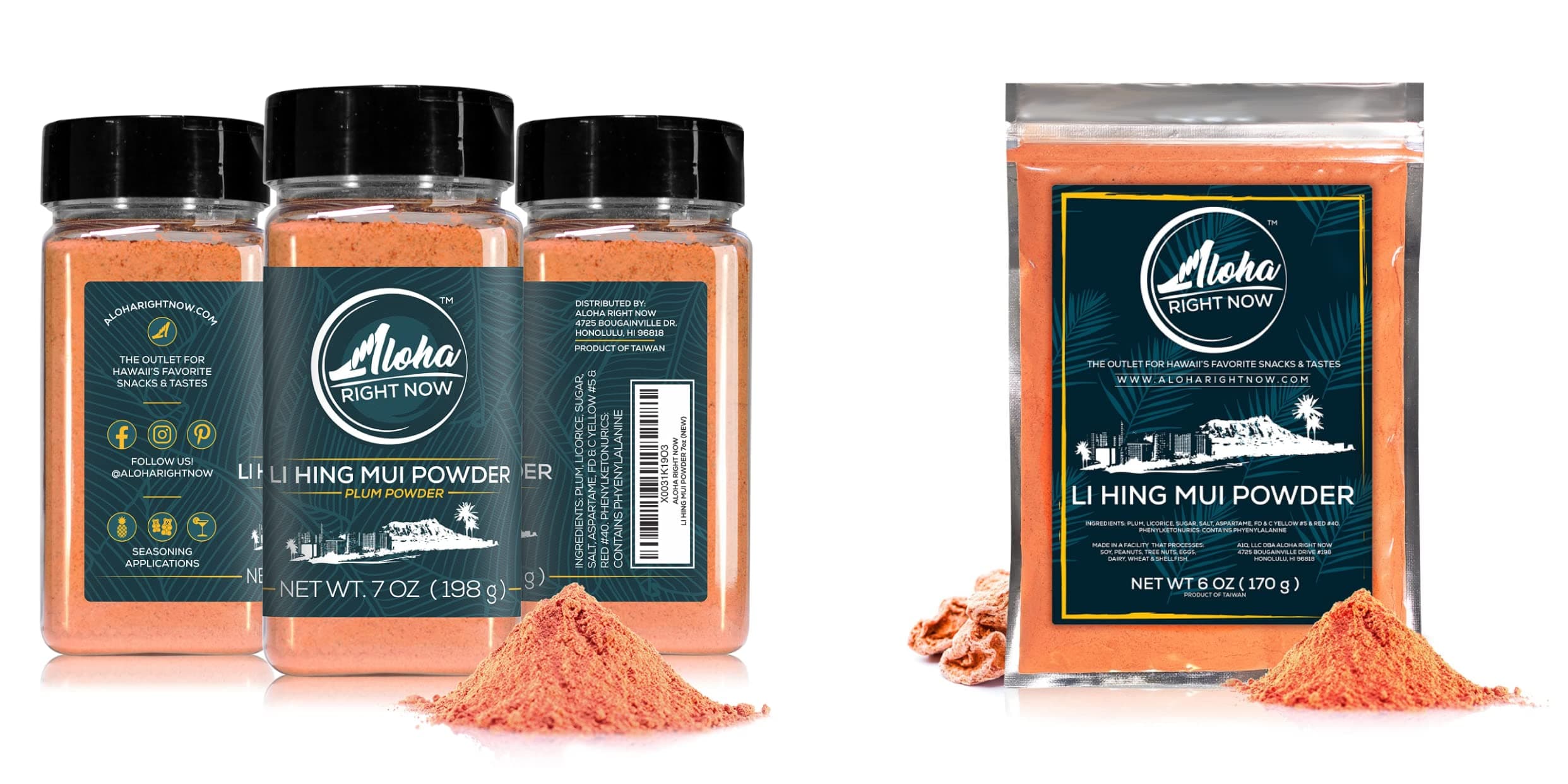 Aloha Right Now Authentic Li Hing Mui Powder 7 oz Shaker (1 ea) & 6 oz Bag (1ea) for flavoring fruits, candy, & cocktail drinks - Sweet, Sour & Salted Dried Plum Powder - Asian Hawaiian Snacks