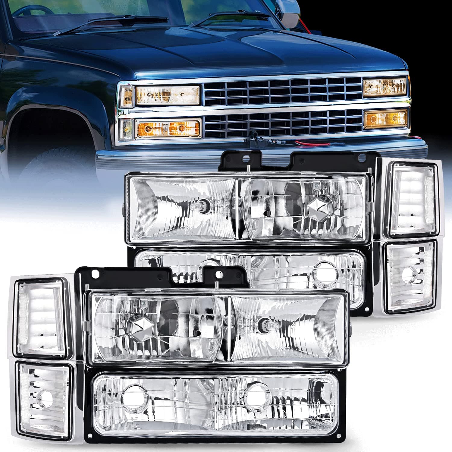 Nilight Headlight Assembly Compatible with 1994 1995 1996 1997 1998 Chevy Silverado Tahoe Suburban C10 C/K 1500 2500 3500 Replacement Headlamp Chrome Housing Clear Reflector