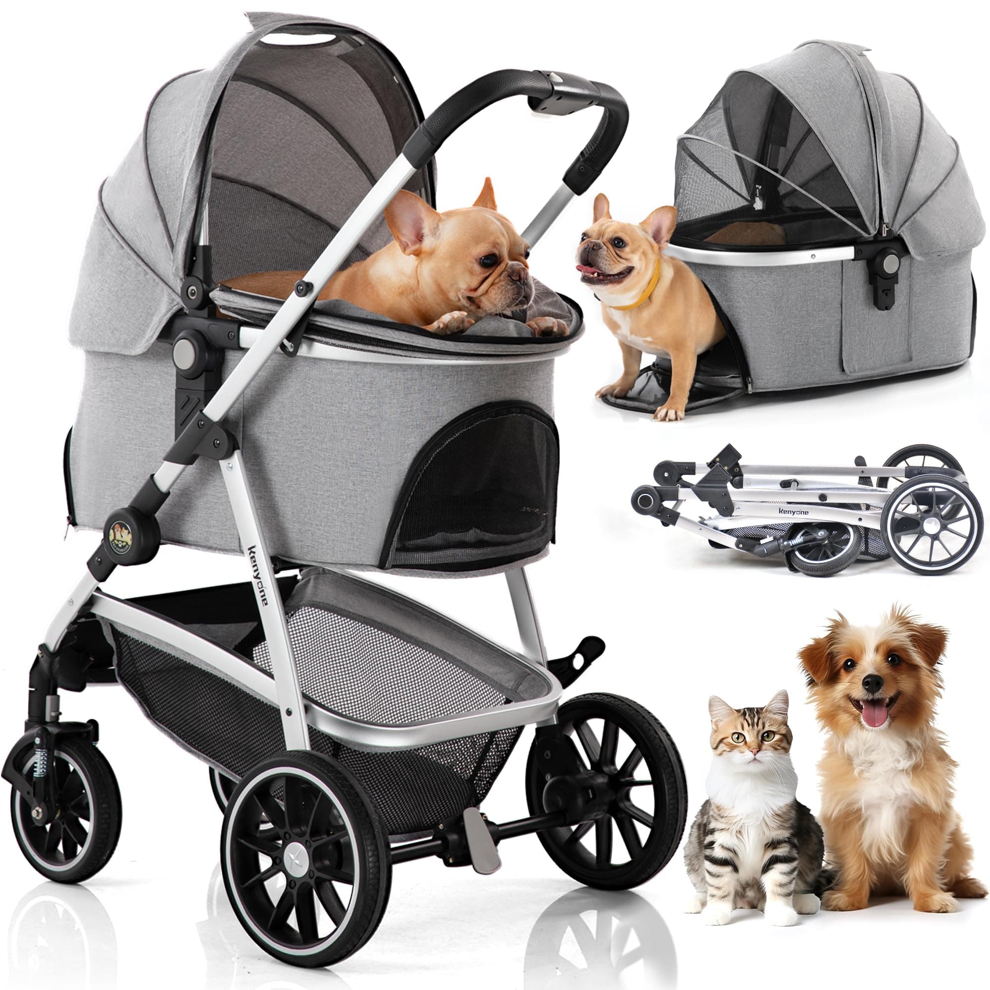 Kenyone Pet Stroller 3 in 1 Dog Stroller for Medium Small Size Dogs, Large Cat Stroller with Detachable Carrier for Puppies, Doggies, Kitties, Bunnies (C510 Gray)