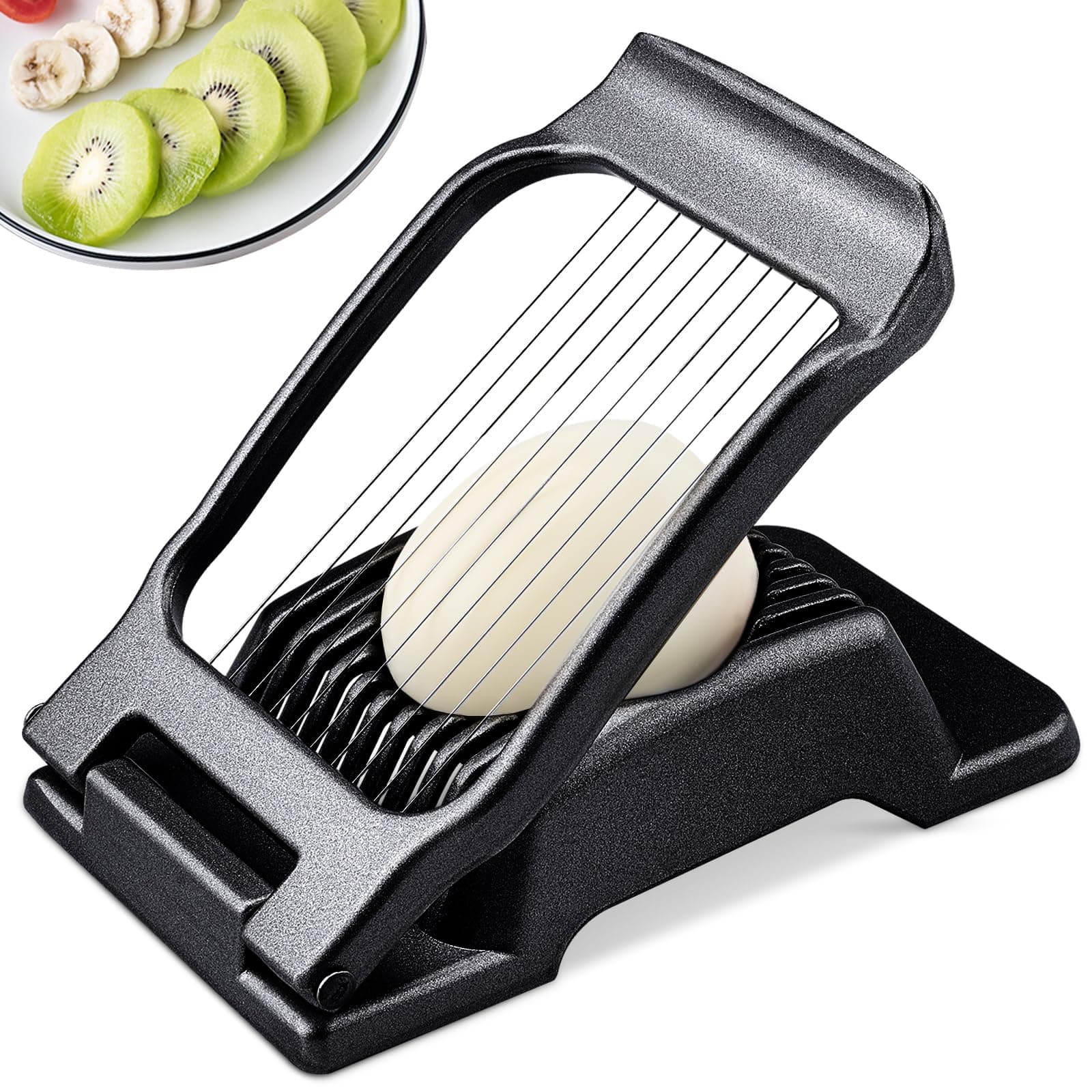 BIBURY Egg Slicer, Egg Cutter for Hard Boiled Eggs, Heavy Duty Aluminium Slicer for Egg Mushroom Strawberry Soft Fruit, Stainless Steel Wires, Dishwasher Safe & Easy to Clean (Black)