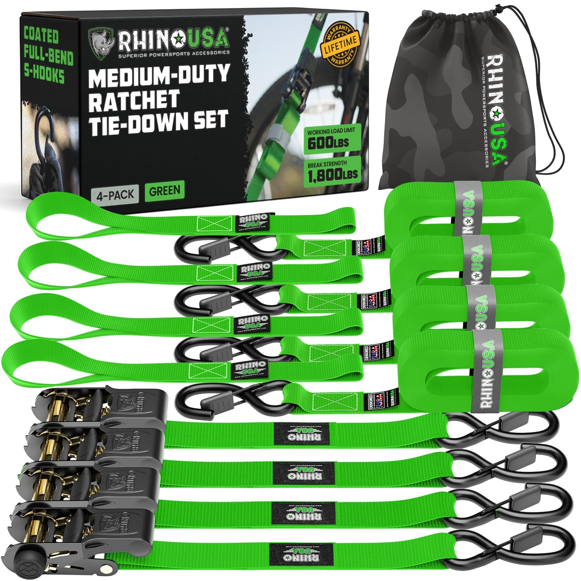 Rhino USA Ratchet Straps Tie Downs (4-Pack) - 1 Inch x 15 Feet (1,823lb Break Strength) - Ultimate Tie Down Straps with Safety S Hooks - for Trucks, Cargo, Moving, Appliances - Green