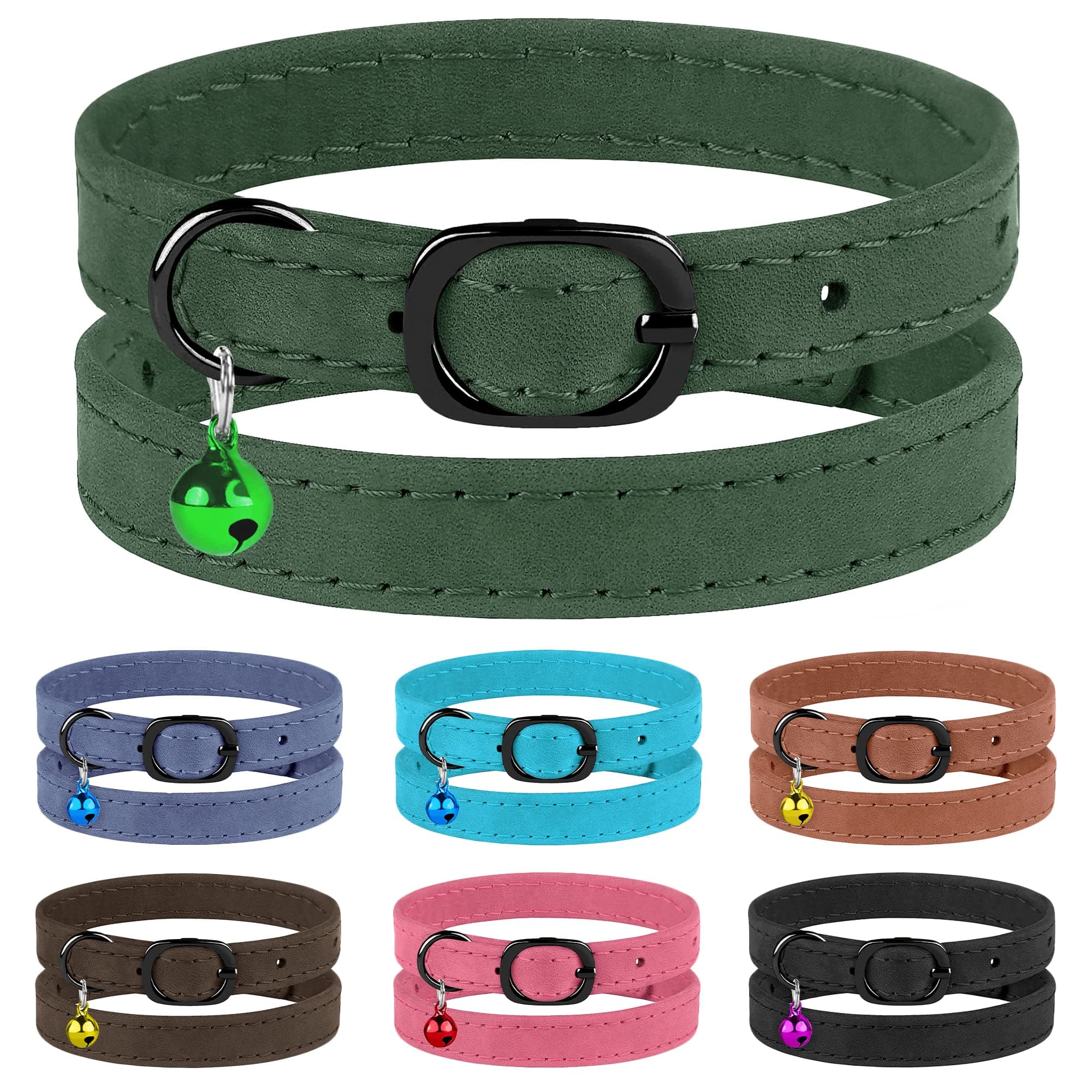 Leather Cat Collar with Bell Adjustable Small Pet Kitten Collars Black Brown Pink Blue (Green)