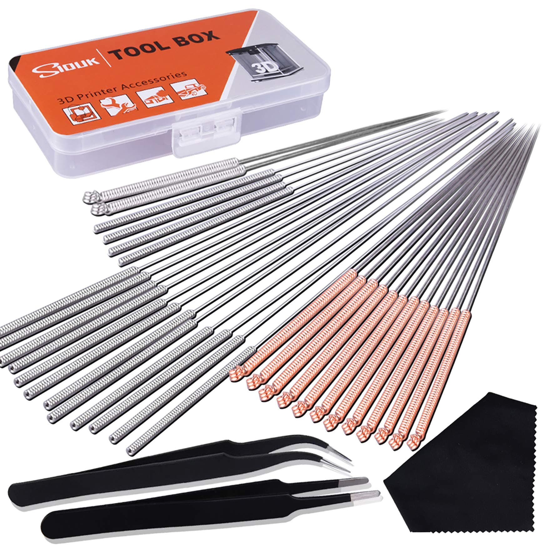 SIQUK 33 Pcs 3D Printer Nozzle Cleaning Kit 30 Pcs 0.15mm, 0.25mm, 0.35mm, 0.4mm, 0.5mm Cleaning Needles 2 Pcs Tweezers and 1 Pc Cleaning Cloth