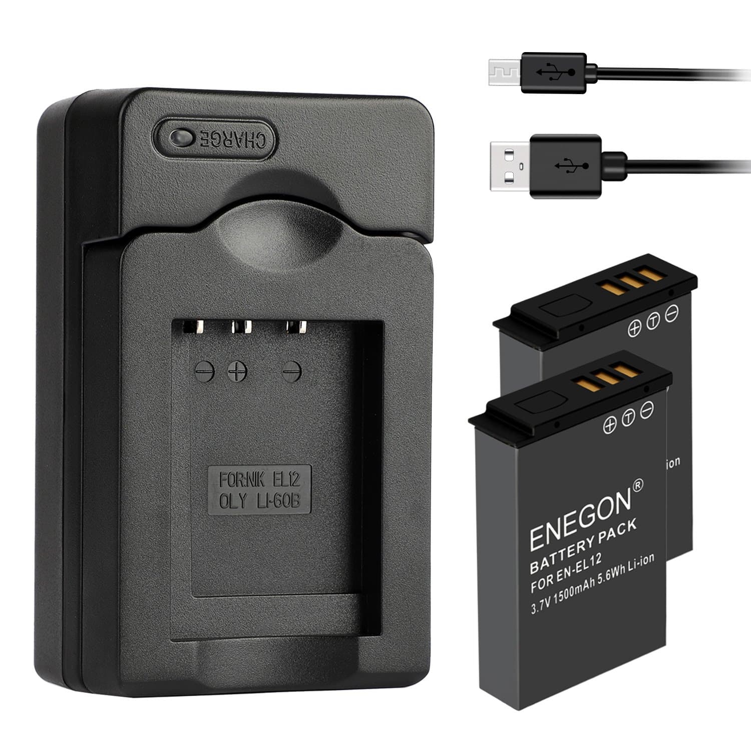ENEGON Replacement Battery (2-Pack) and USB Charger for Nikon EN-EL12, KeyMission 360, KeyMission170, Coolpix AW100, AW100S, AW130, A900, W300, S800C, S6300, S9900, S1200pj Cameras