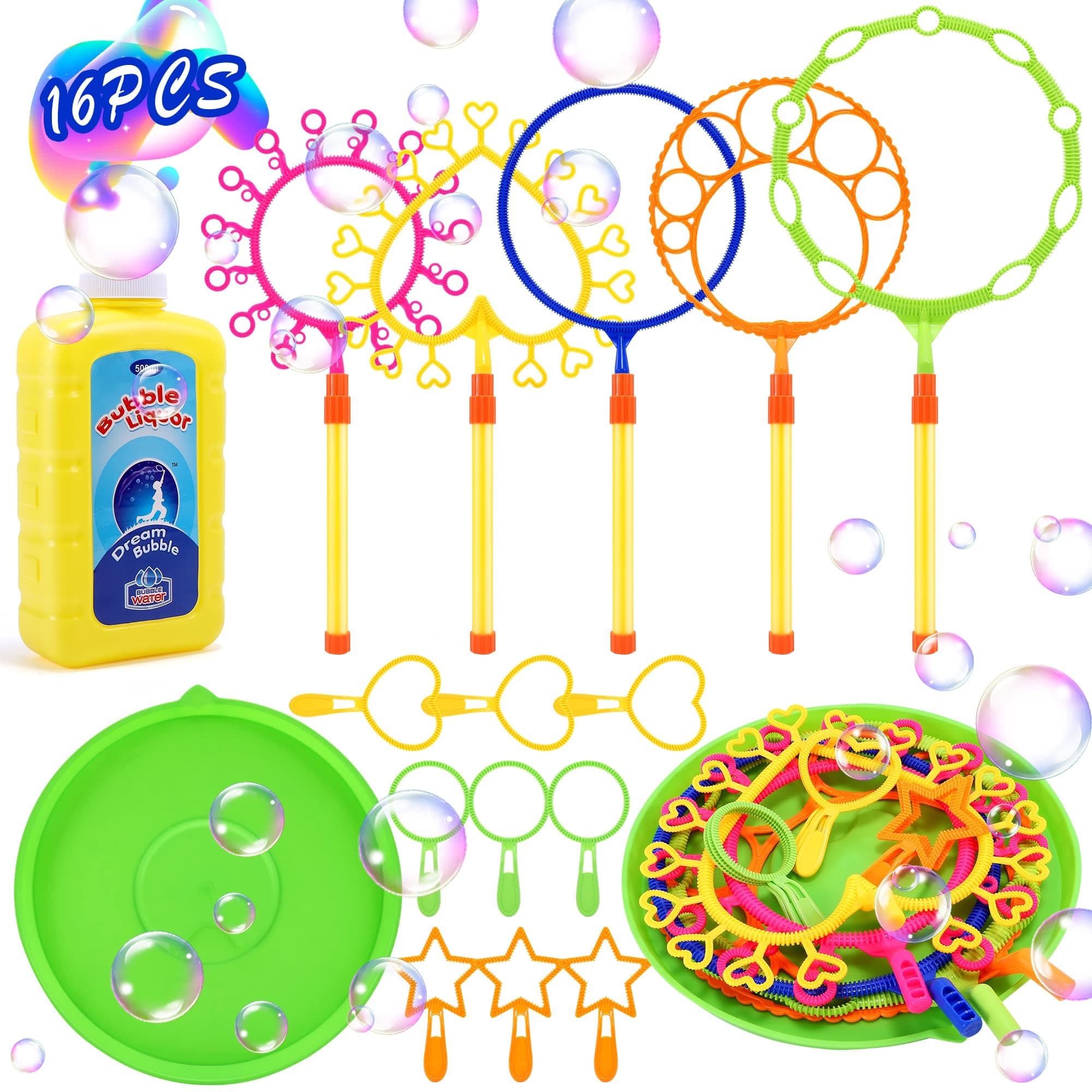 FiGoal Bubble Wands Set – 16 Pack Giant Bubble Wands Funny Bubbles Maker with Tray, Ideal for Outdoor Playtime and Party Favors, Suitable for All Ages People