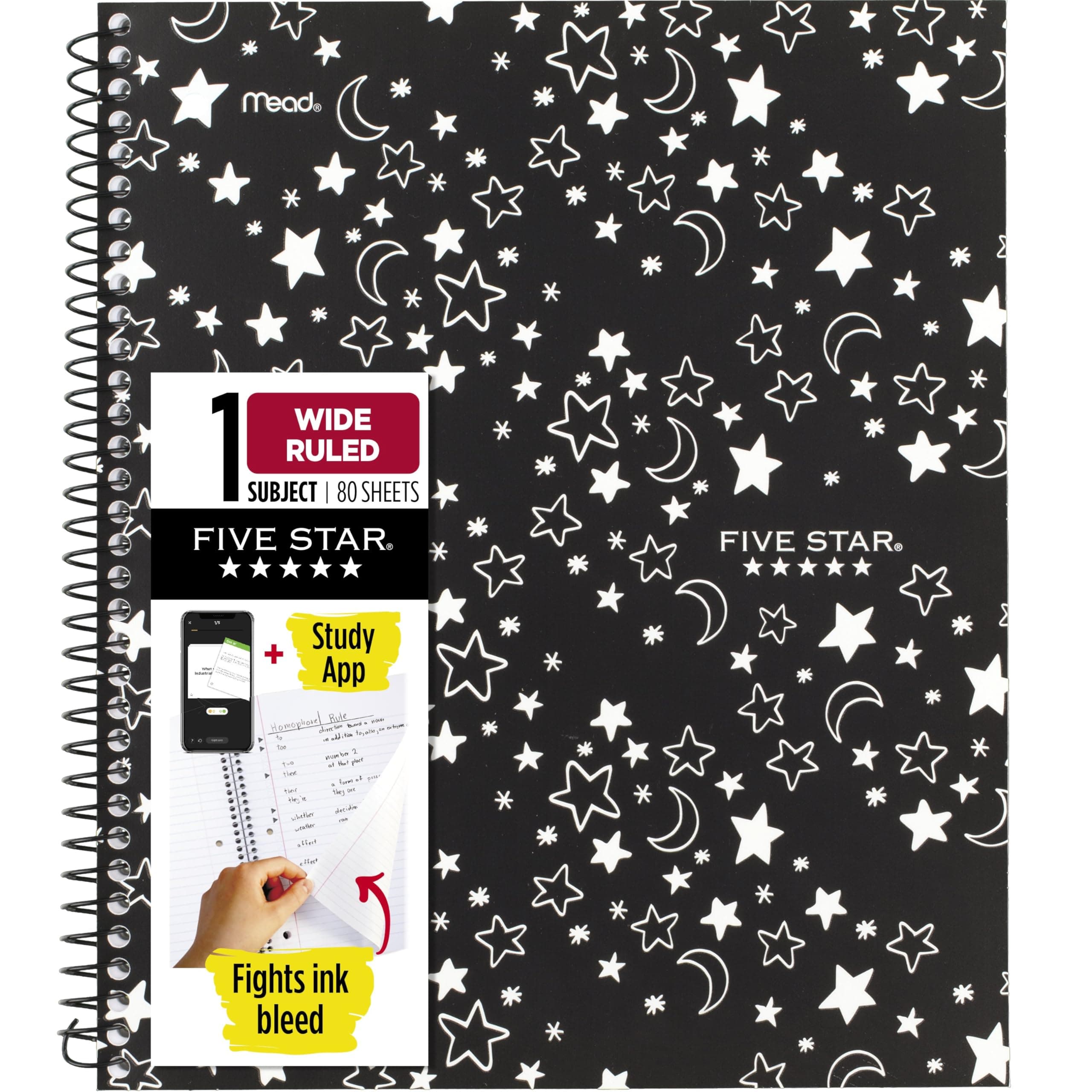 Spiral Notebook + Study App, 1 Subject, Wide Ruled, 8" x 10-1/2", 80 Sheets, Fights Ink Bleed, Water Resistant Cover, Black Stars Glow in the Dark (930020F)