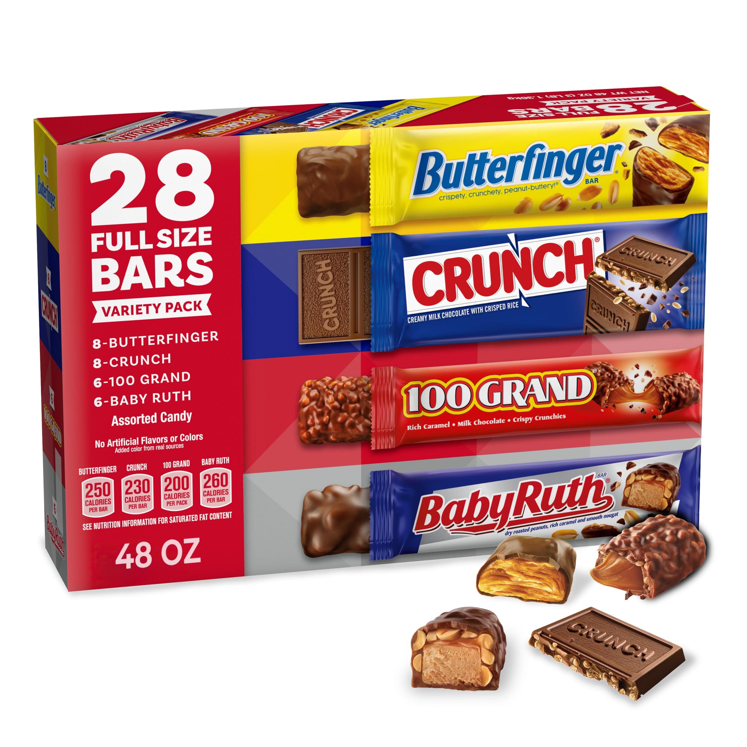 - CRUNCH, Baby Ruth and 100 Grand, Bulk 28 Pack, Assorted Full Size Chocolate Candy Bars, 48 oz