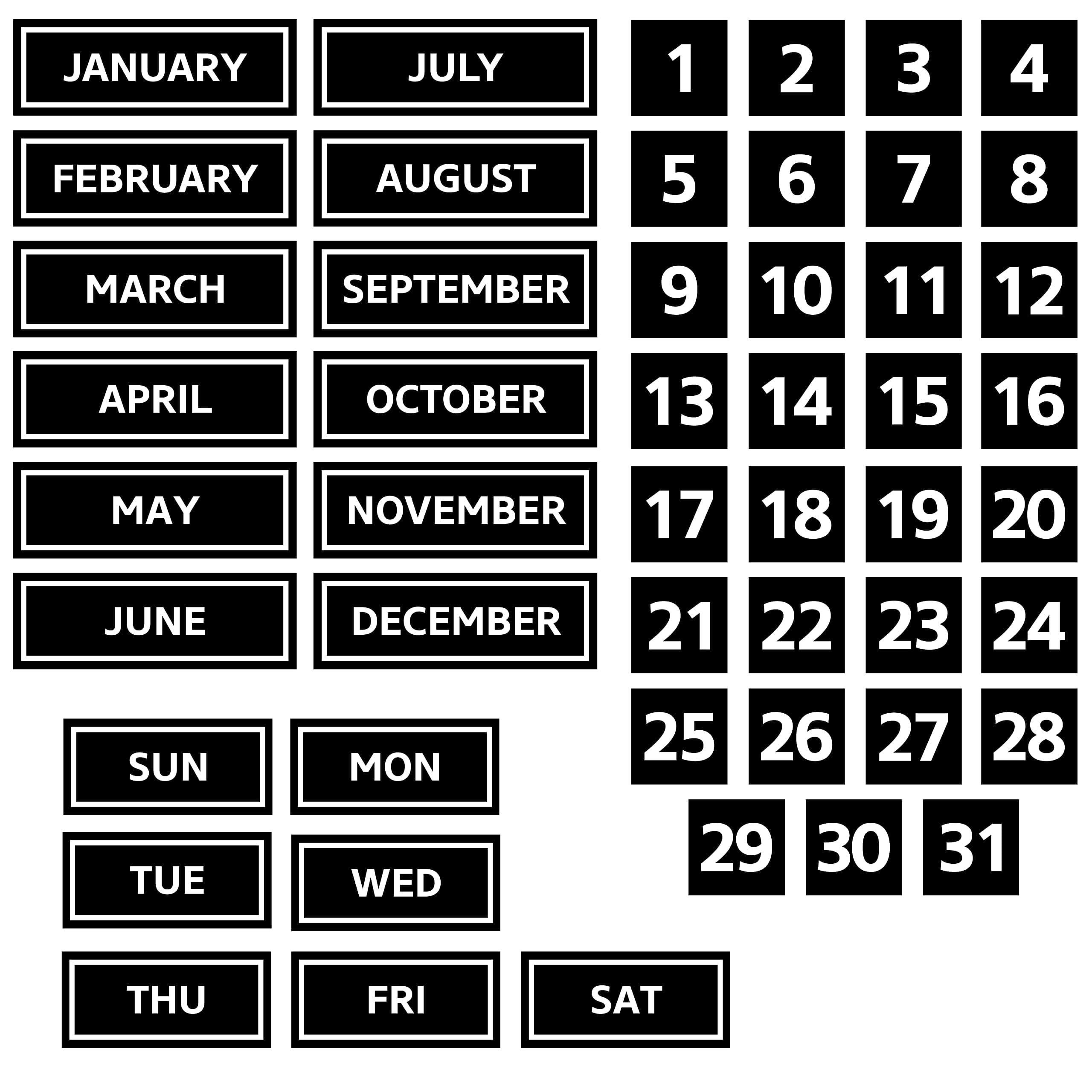 Calendar Magnet Bundle for Whiteboard and Refrigerator, Magnetic Calendar Bundle Includes Months, Days of The Week, Numbers from 1 to 31, Black with White Letters