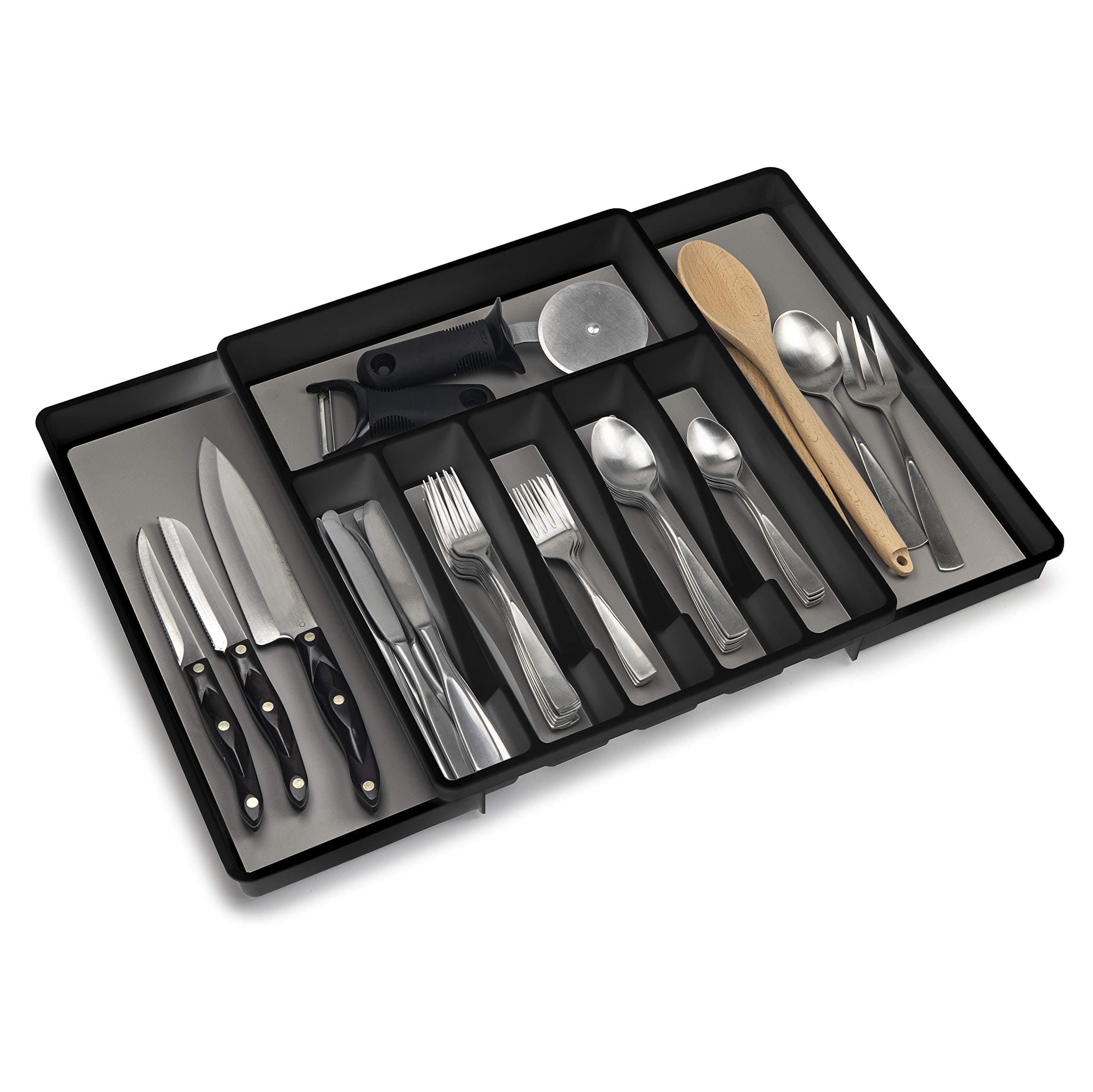 Eltow Expandable In Drawer Silverware Organizer - Kitchen Storage Silverware Tray For Flatware – Cutlery Holder With 8 Compartments - Multipurpose Organizer Tray For Kitchen & Office Supplies - Black