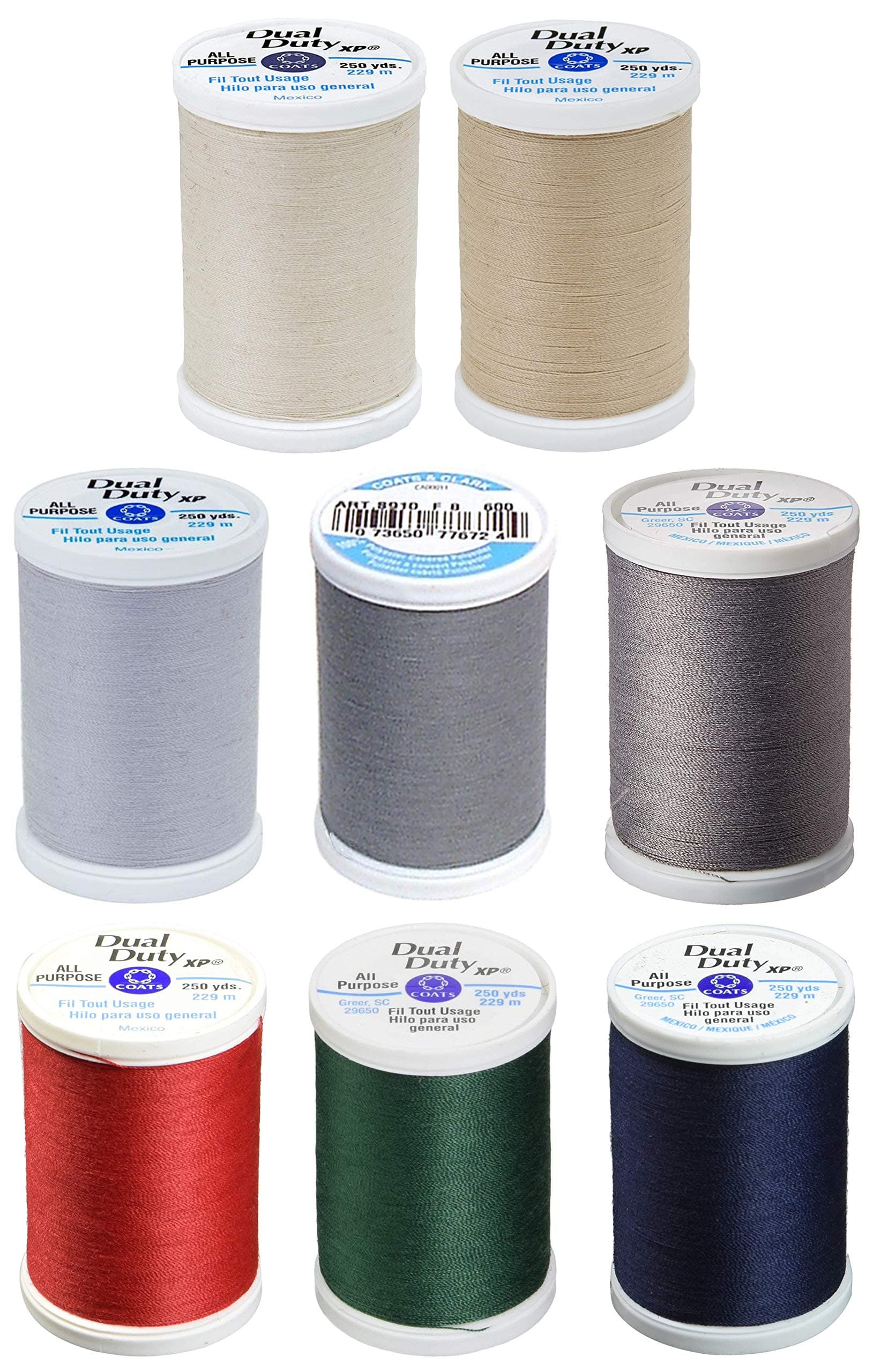 8 Color Bundle - Dual Duty XP General Purpose Thread 250yds Each - Natural + Buff + Dark Silver + Light Slate + Stone + Atomic Red + Hunter Green & Navy