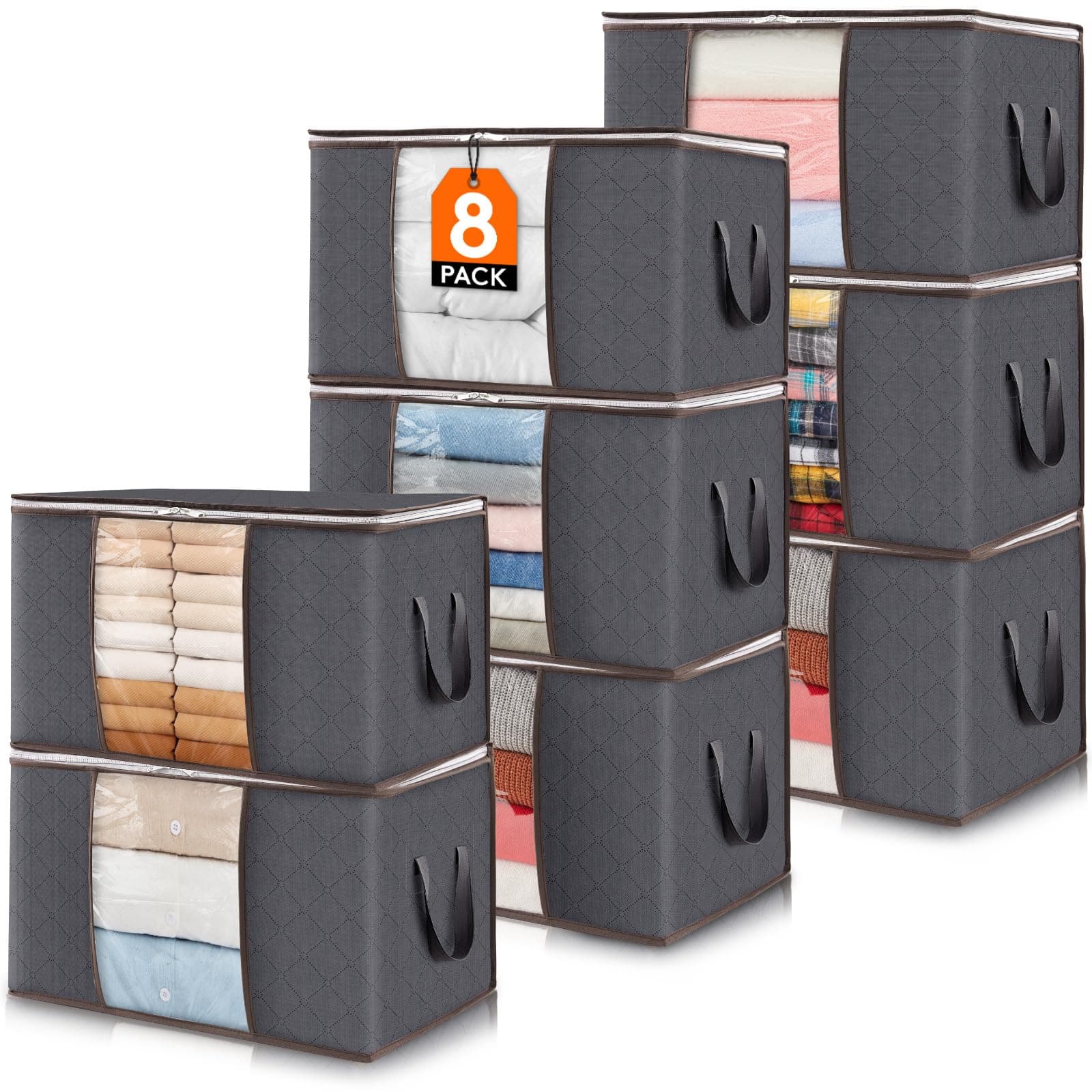 8 Pack Clothes Storage Bags, Foldable Storage Box Moving Bags Wardrobe Storage Organiser Packing Boxes for Moving House with Clear Window for Clothing Bedding Blankets, Grey