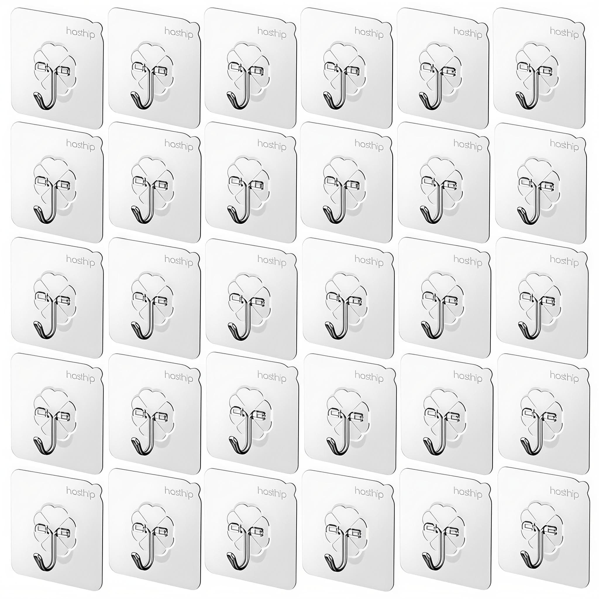 HASTHIP® 30 Pack Wall Hooks Strong Acrylic Backing Glue Walls Hook Self-Adhesive Wall Hooks for Bathroom, Kitchen Waterproof Ultra Adhesive Walls Hook (Clear)