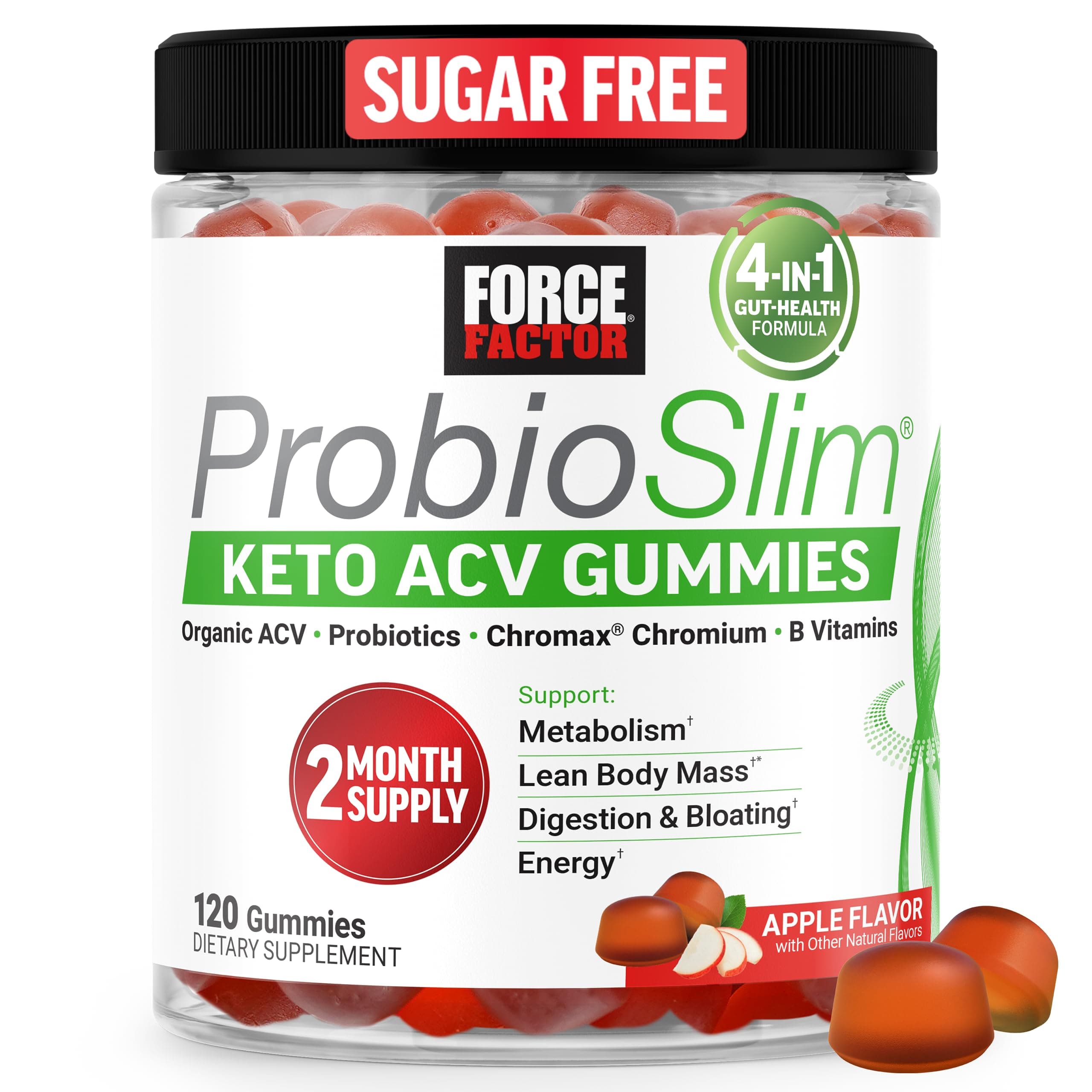 Force Factor ProbioSlim Keto ACV Gummies, Organic Apple Cider Vinegar Gummies with LactoSpore Probiotics & Prebiotics to Support Digestion, Metabolism, & Immune Health, 1 Net Carb, Apple Flavor, 120ct