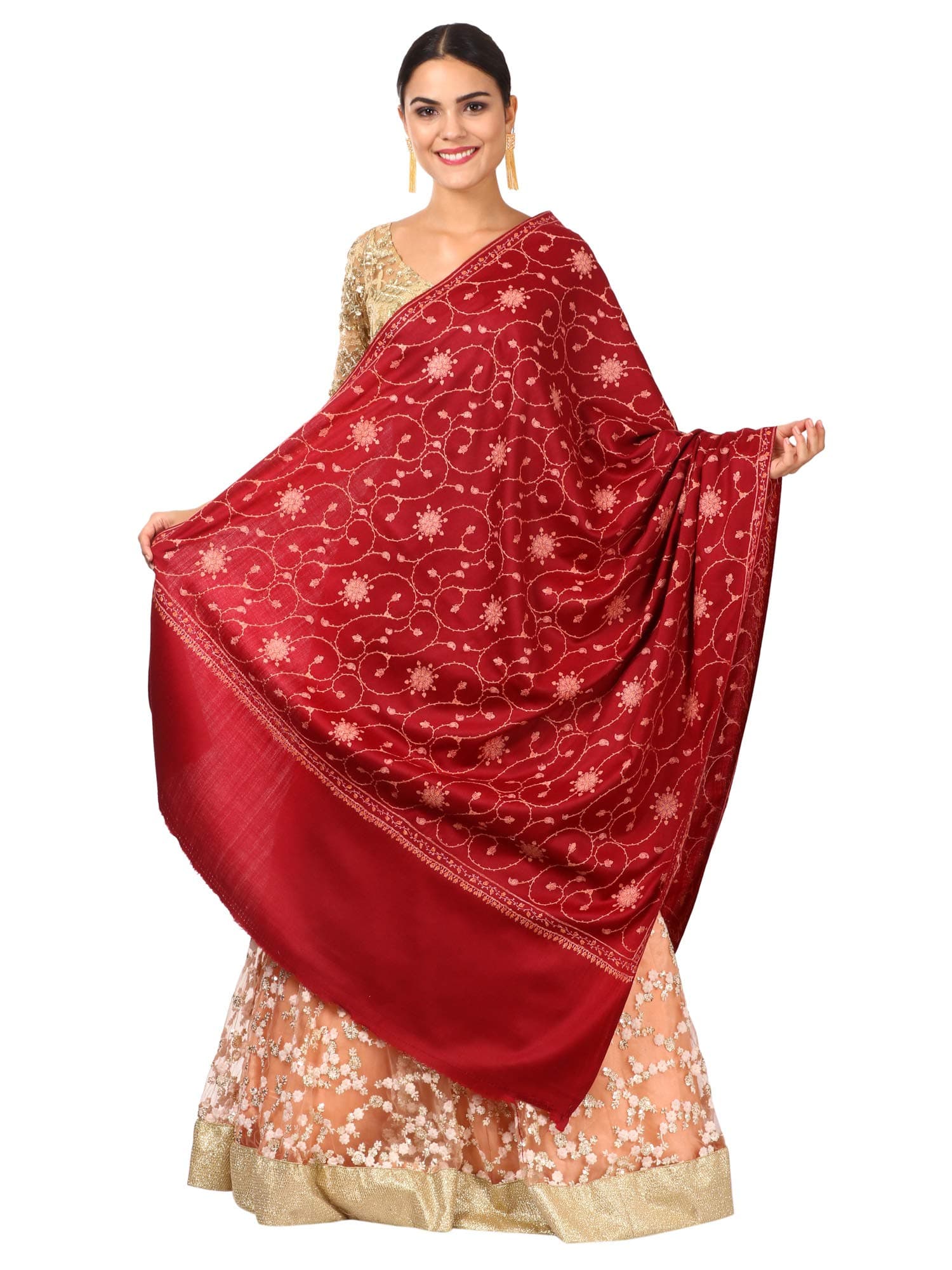 Pashtush Women's Wool Embroidered Pashmina Shawl (Maroon, Medium)