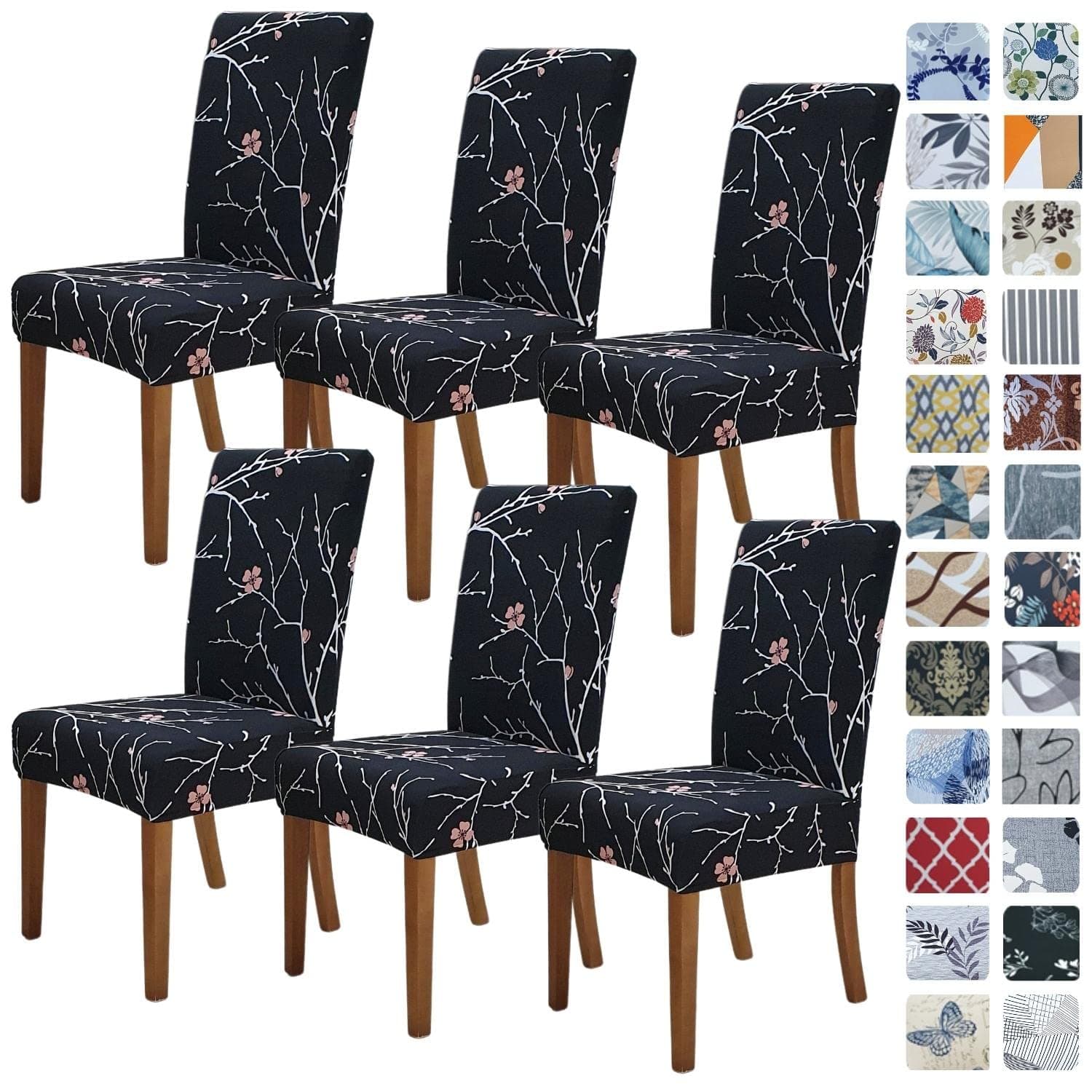 SPRINGRICO Chair Covers for Dining Room 6 Pack, Stretch Dining Chair Cover, Washable Spandex Kitchen Parsons Chair Slipcovers, Removable Seat Protector for Home or Party (Set of 6, Flourish Black)