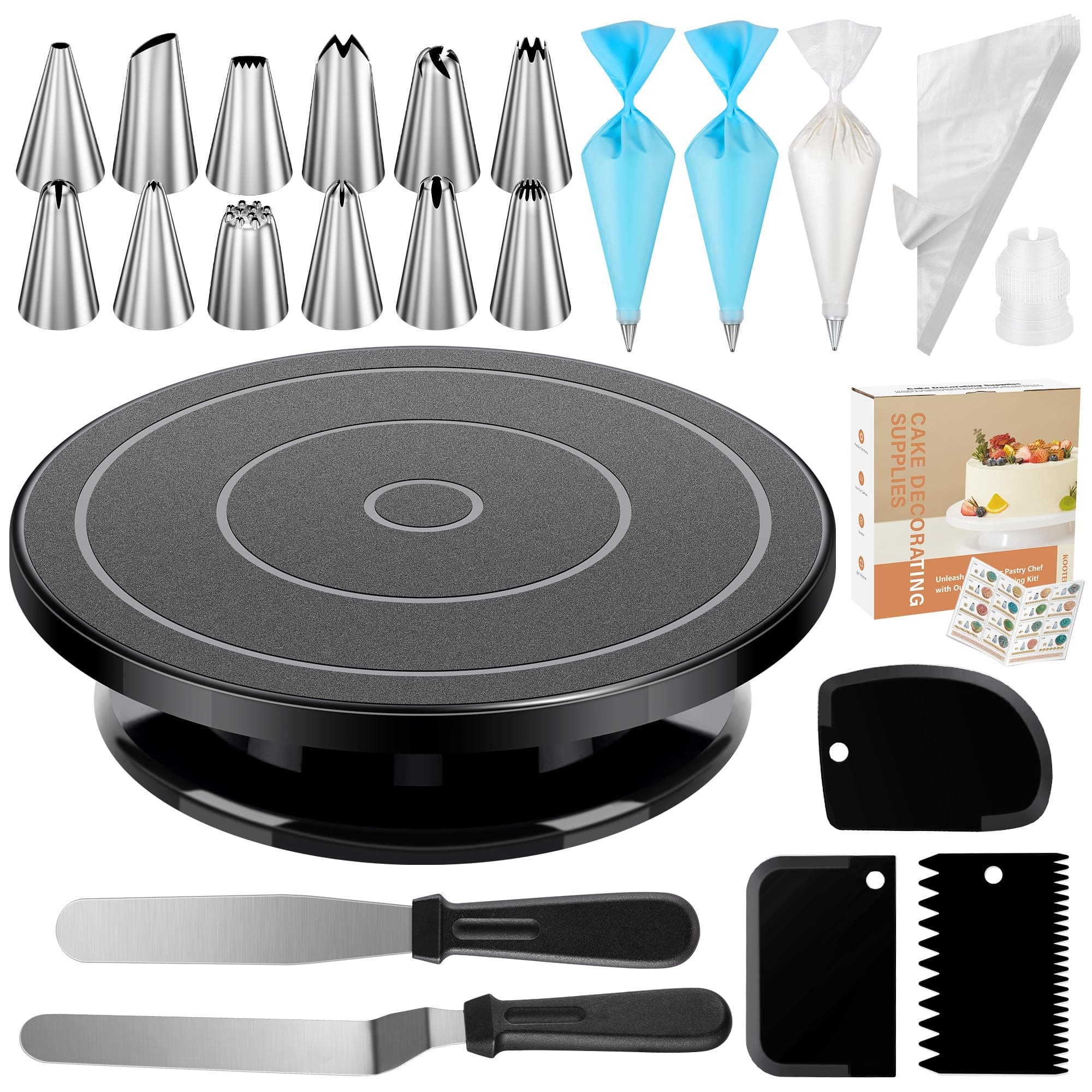 Kootek 71PCs Cake Decorating Kit, Baking Supplies Tools - Includes Cake Stand Turntable, 12 Icing Piping Tips Set, 2 Frosting Spatulas, 3 Scrapers, 50+2 Piping Bags, Coupler, Video Tutorial, Booklet