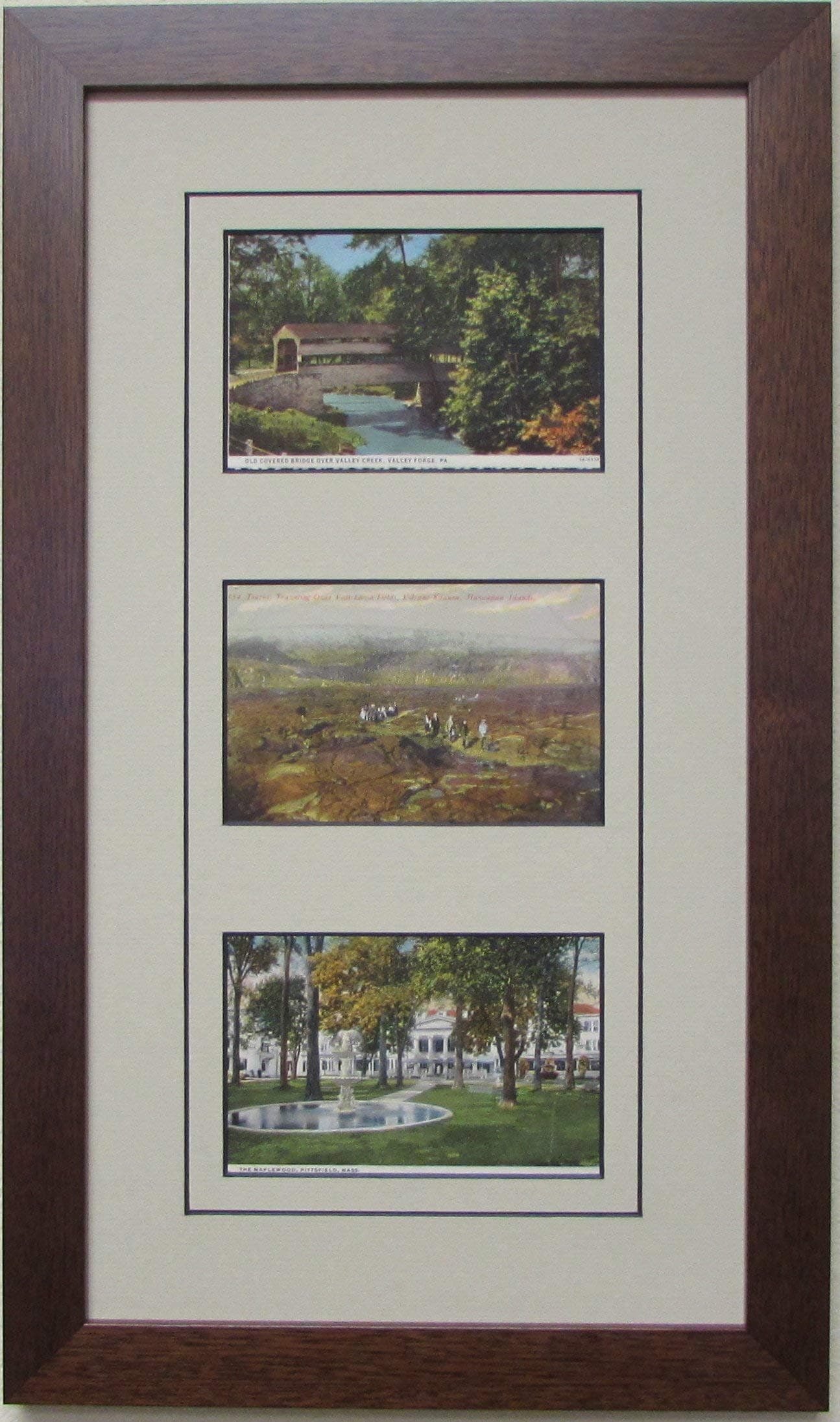 Post Card Frame for Three (3) 3.5" X 5.5" Post Cards Walnut Frame with Tan (Black Trim) Matting