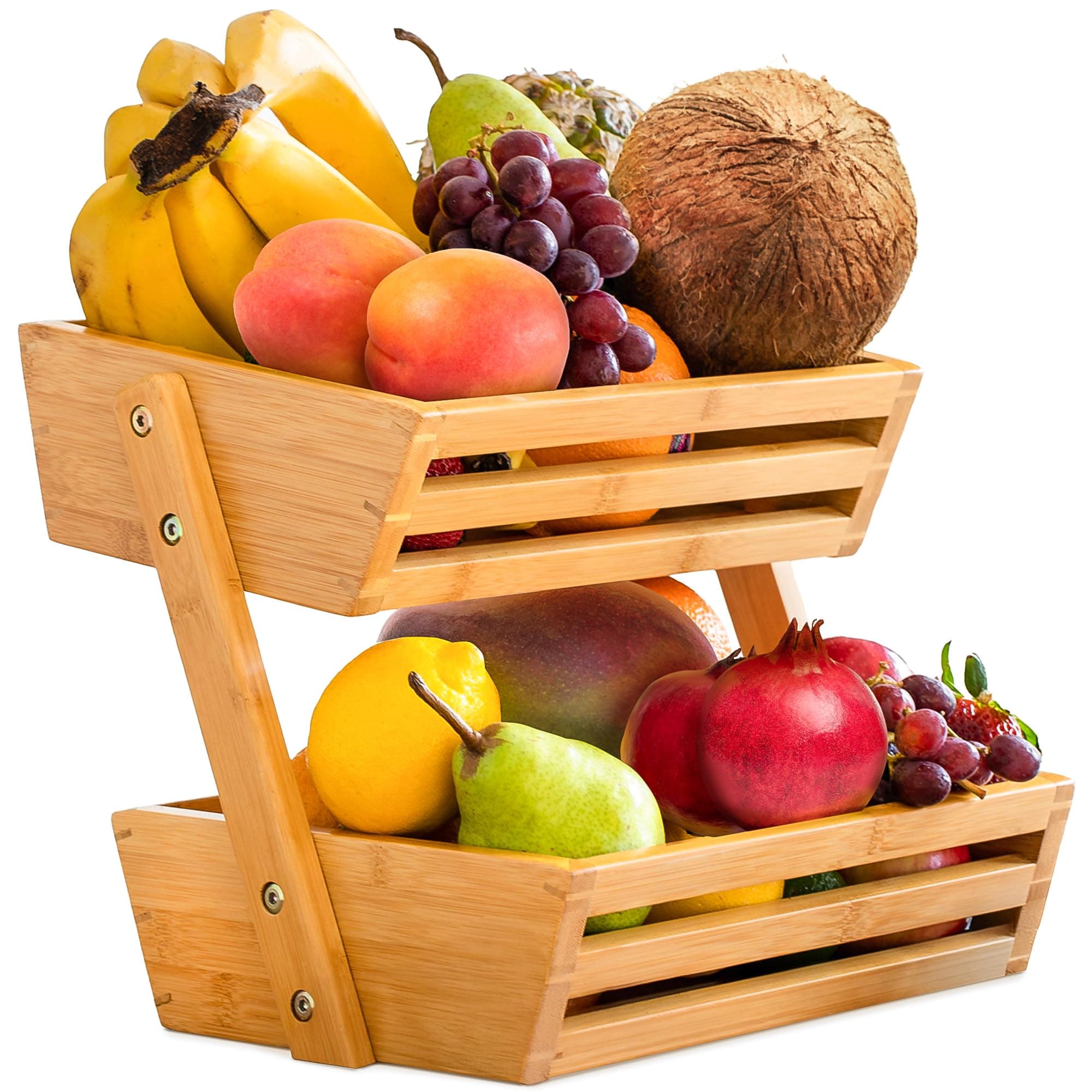 Fruit Basket - 2-Tier Bamboo Fruit & Vegetable Storage Organiser for Kitchen Counter - Lightweight & Easy Assembly - Countertop Stand Holder Bowl with Included Screws