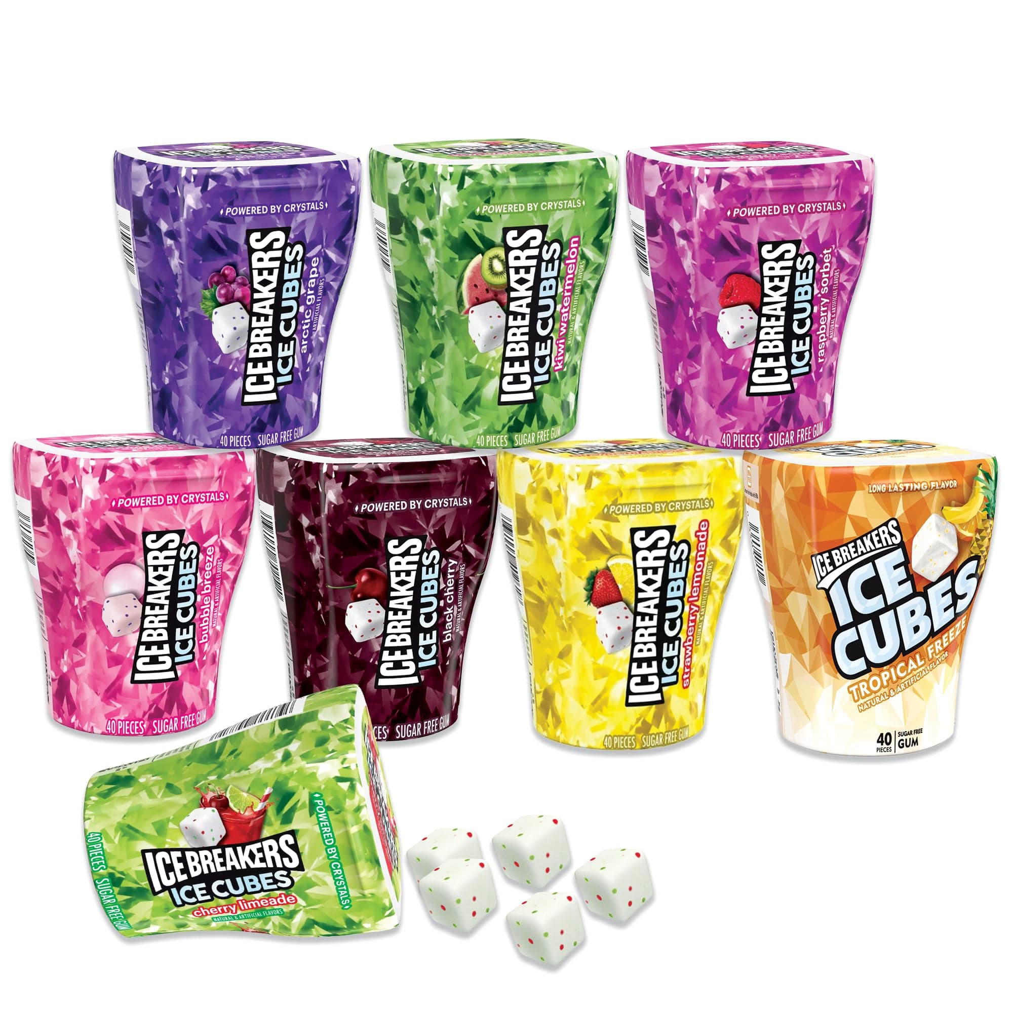 Ice Cubes Sugar-Free Gum 8-Pack Variety Collection 40 Pcs/Bottle (Cool Lemon, Arctic Grape, Strawberry Smoothie, Raspberry Sorbet, Bubble Breeze, Peppermint, Spearmint, Wintergreen)
