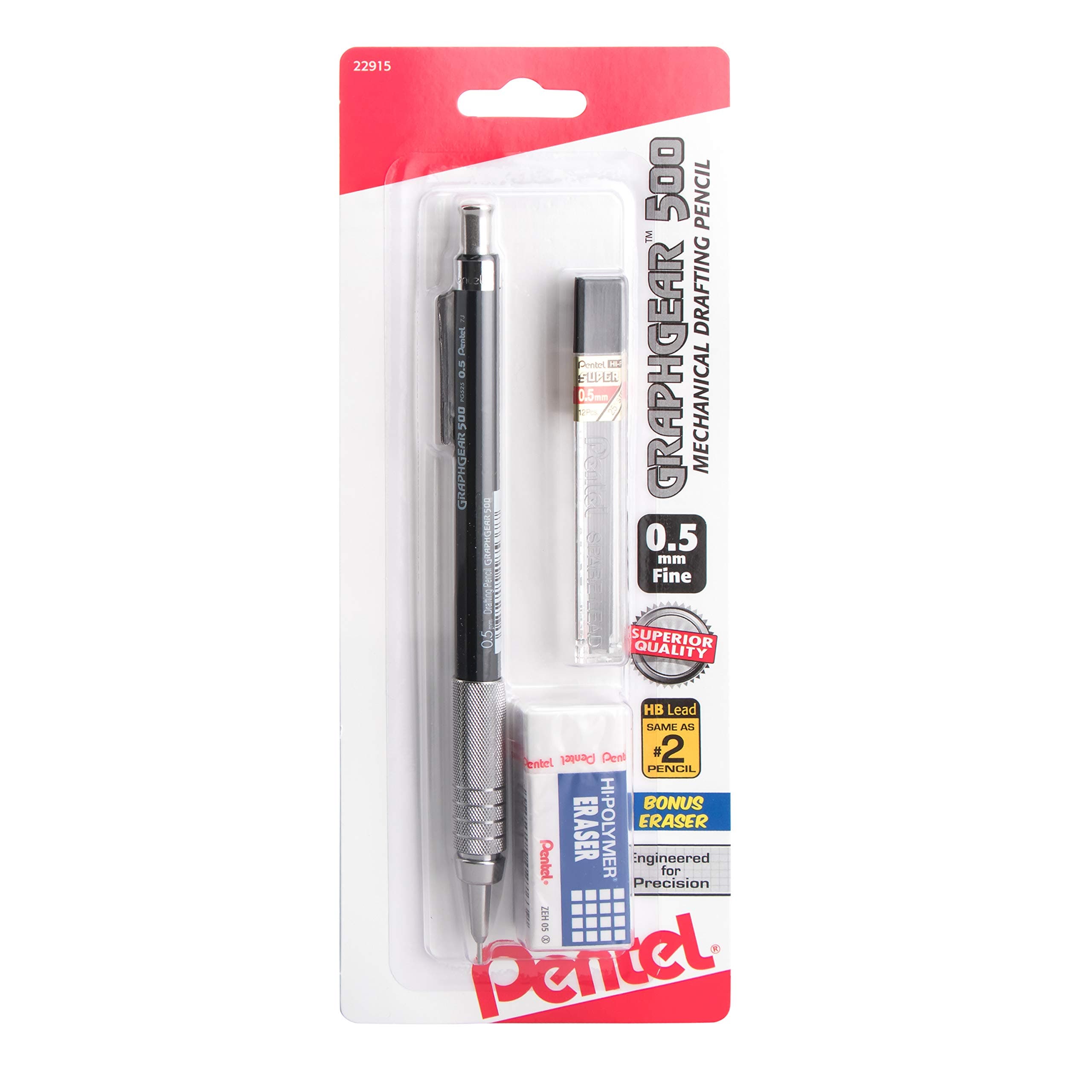 Pentel GraphGear 500 Mechanical Drafting Pencil, (0.5mm), Fine Line, Refill Lead and Mini Eraser (PG525LEBP)