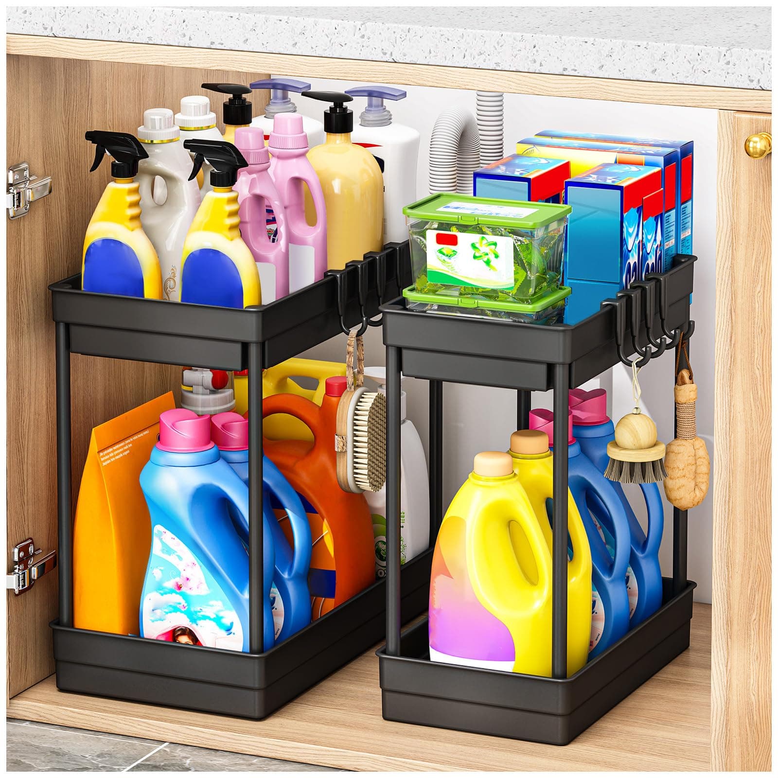 2 Pack Under Sink Storage - Kitchen Storage & Organisation, 2 Tier Under Sink Bathroom Cabinet, Under Sink Storage Bathroom, Under Sink Organiser for Kitchen Storage, 2 Size1L+1M