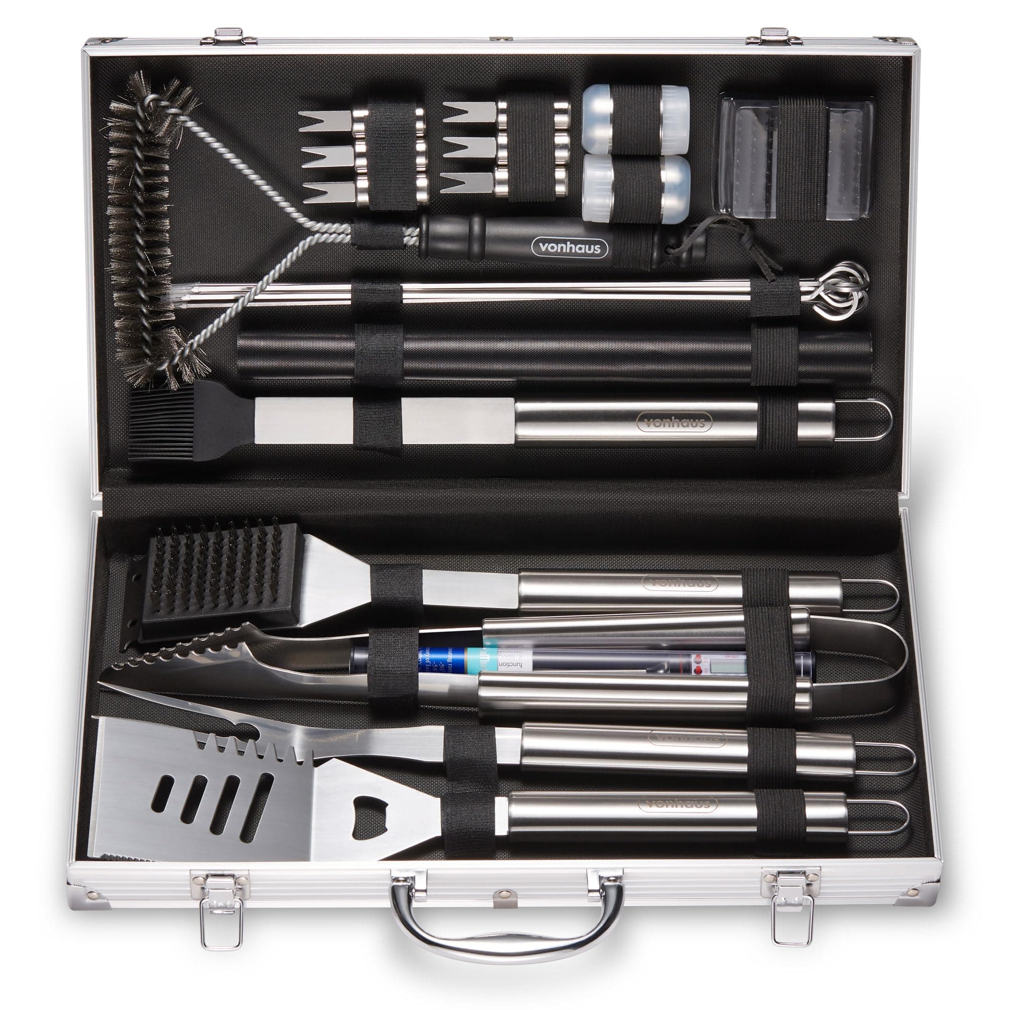 VonHaus BBQ Tool Set with Case, 25Pcs BBQ Accessories Kit Including Spatula, Fork, Tongs, Thermometer, Barbecue Grill Mat, Basting Brush & Cleaner, Heavy Duty Utensils for Outdoor Cooking