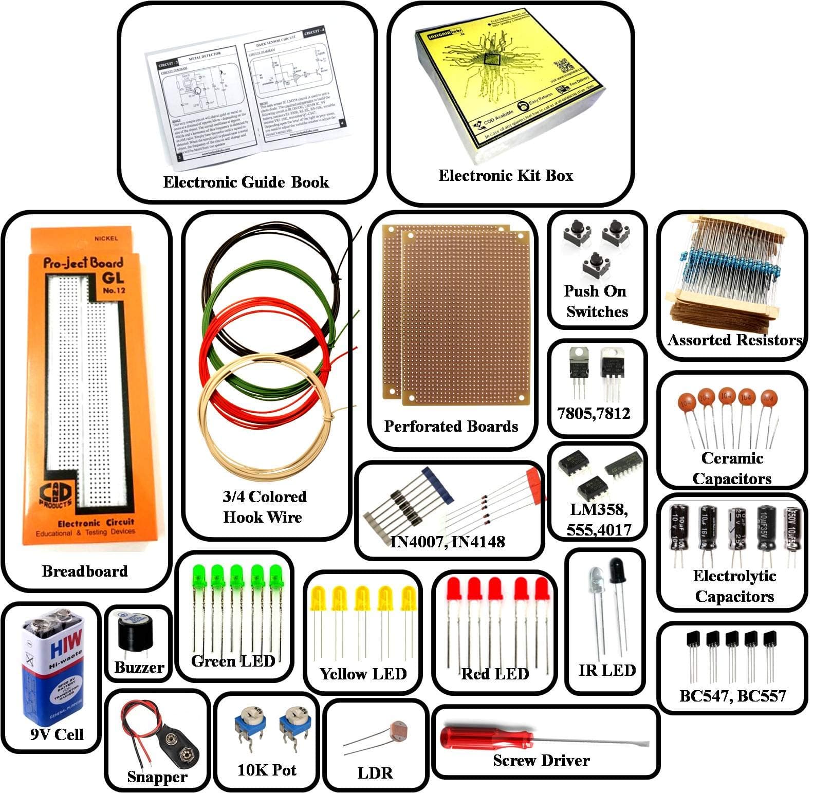 INSIGNIA LABS - ELECTRONIC COMPONENTS PROJECT KIT/BASIC KIT WITH TUTORIAL BOOK (INCLUDES BREADBOARD, PCB, CAPACITORS, LEDS, ETC)
