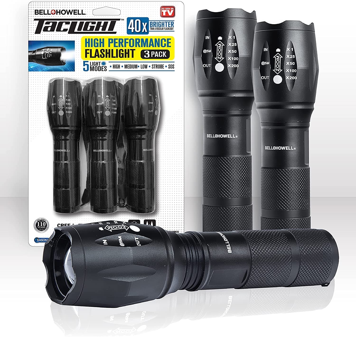 Bell+Howell Taclight Flashlight High Lumens LED Tactical Flashlight 5 Modes & Zoom Function 40X Brighter Water Proof Handheld Flashlight for Emergency Camping Accessories As Seen On TV Set of 3