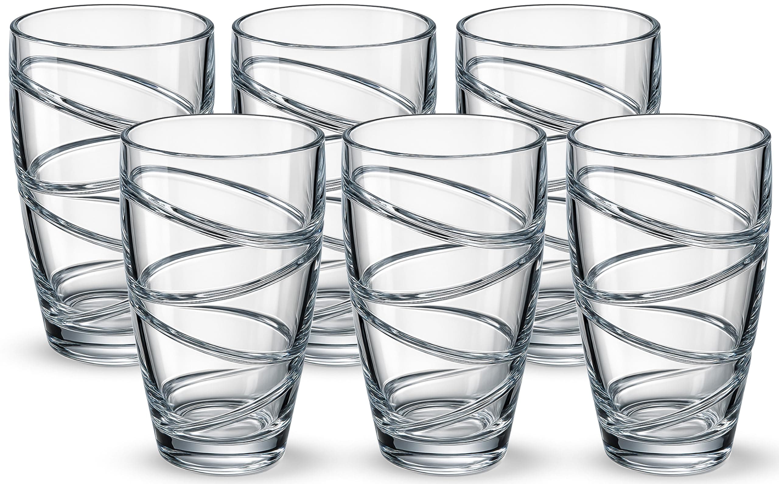 volila Set of 6 Plastic Tumblers - 500ml Clear Plastic Drinking Glasses with Swirl Design, Reusable, Unbreakable, Stackable Garden Glasses, Acrylic Tumblers for Adults, Kids, Picnic, Camping, Party